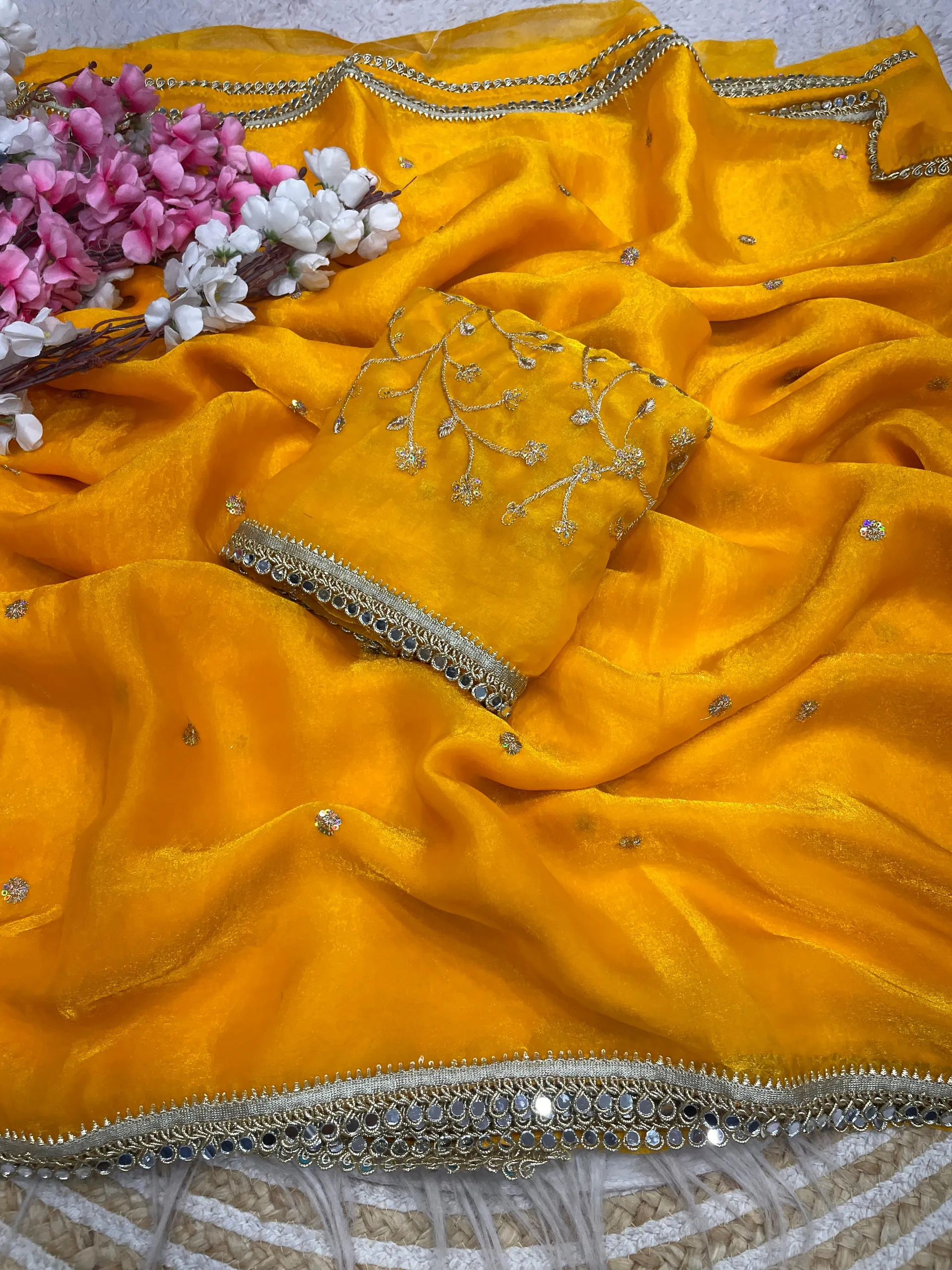 Bollywood Trending Fandy Satin Saree with Sequins Butti & Mirror Lace Border - View 3