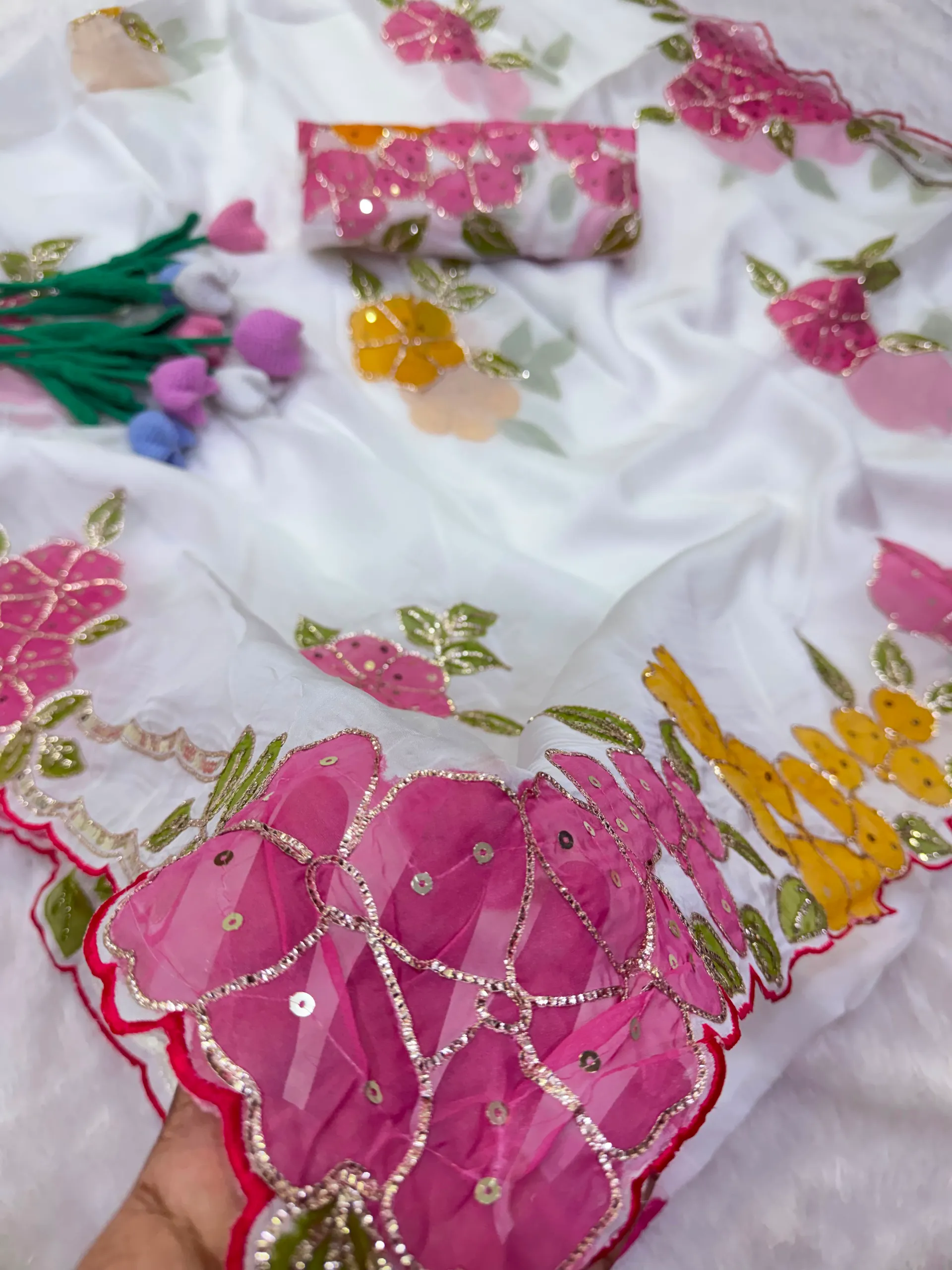 Trending Designer Tebby Silk Saree with Ribbon, Sequins & Brush Paint Work - View 5