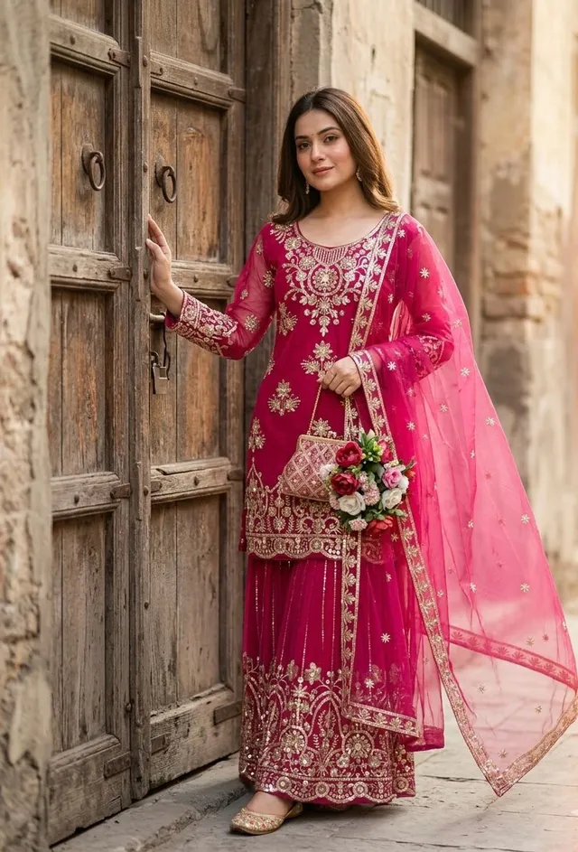 Designer Organza Twine Net Sharara Suit Set with Embroidery & Sequins Work - Pure Organza Twine Net Saree Online India - Buy at ₹1899 - Image 1
