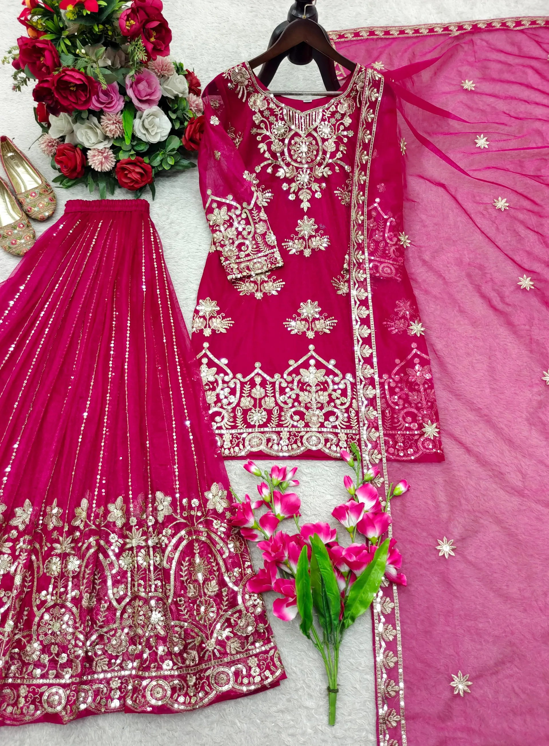 Designer Organza Twine Net Sharara Suit Set with Embroidery & Sequins Work - View 2