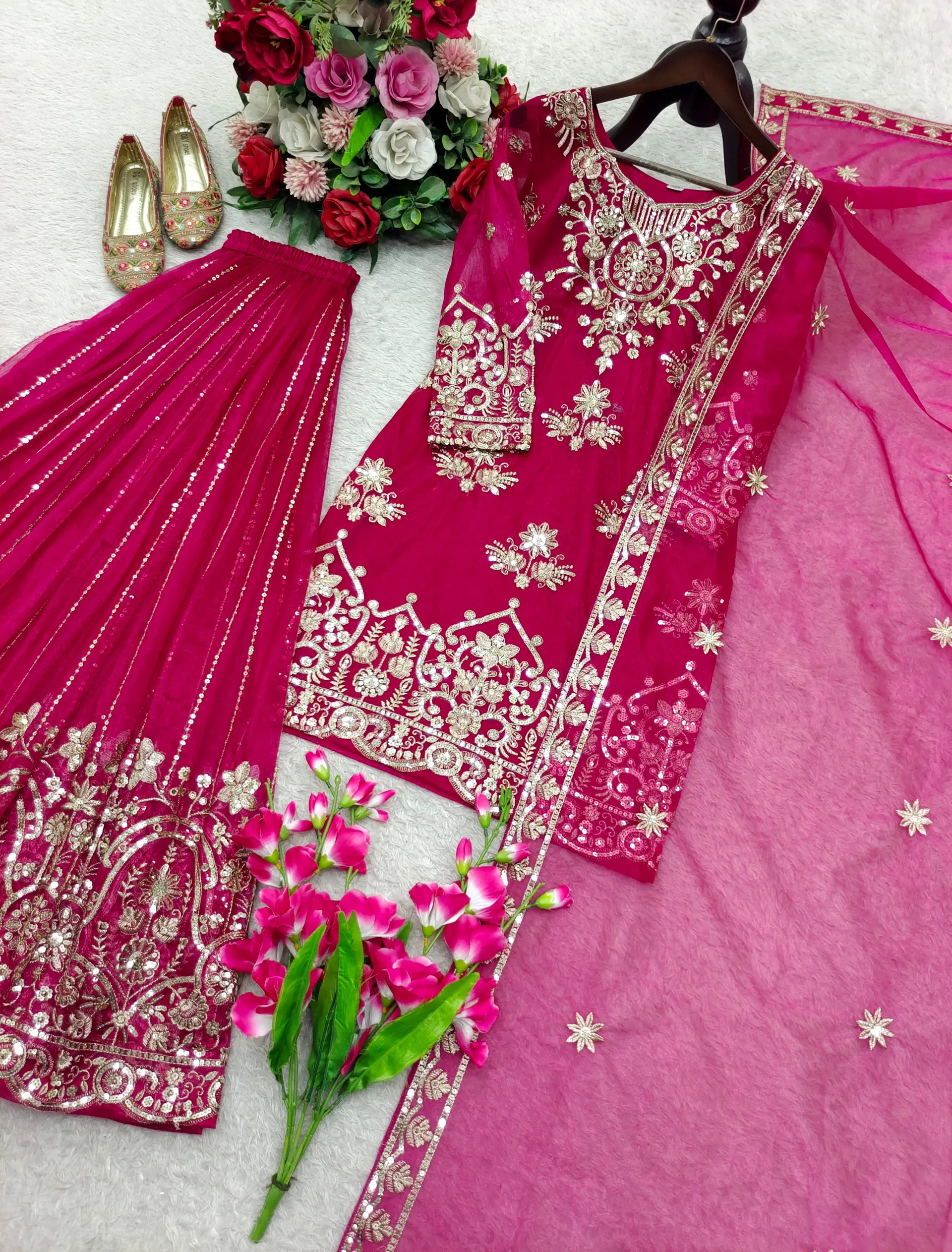 Designer Organza Twine Net Sharara Suit Set with Embroidery & Sequins Work - View 4