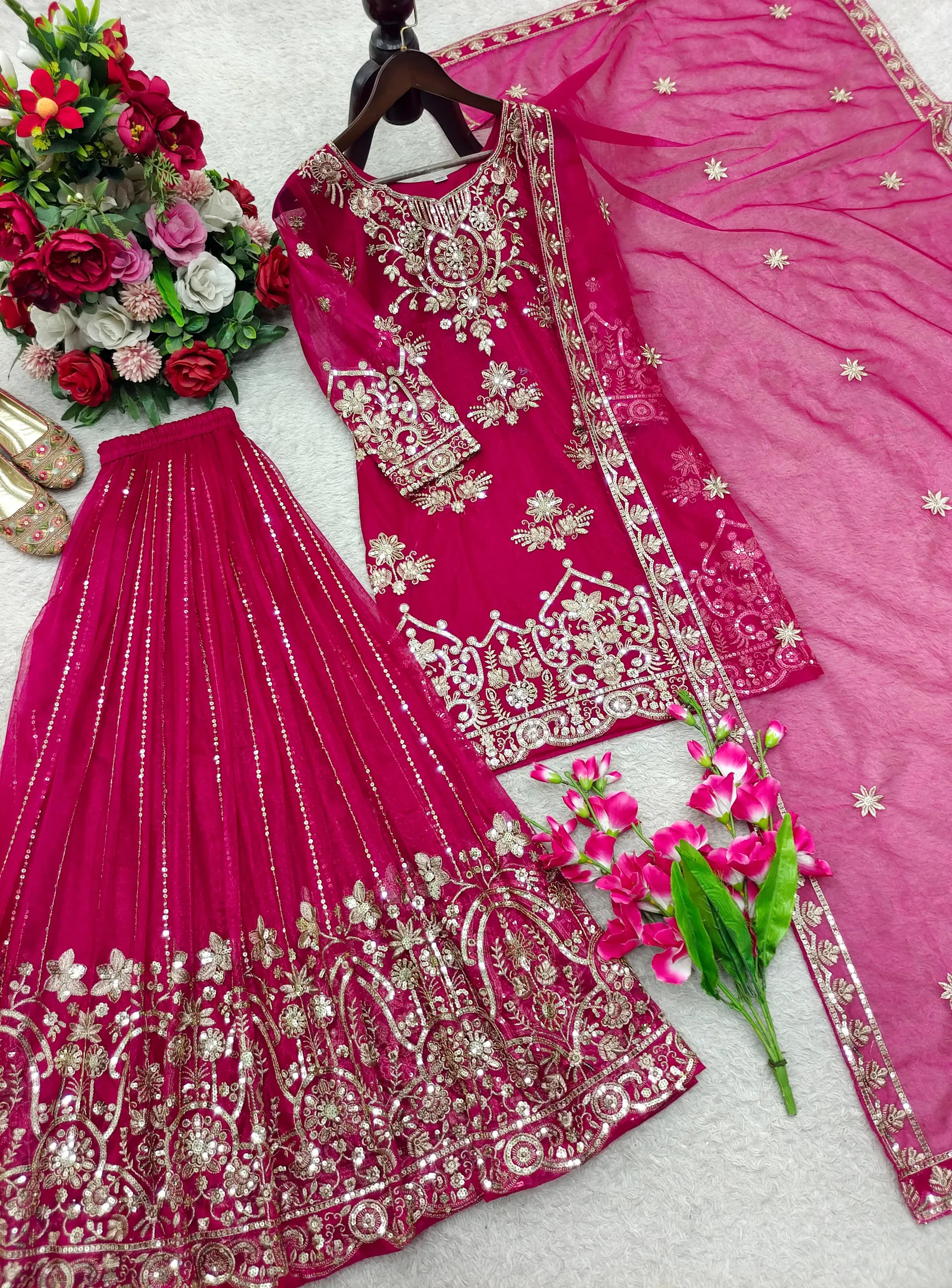 Designer Organza Twine Net Sharara Suit Set with Embroidery & Sequins Work - View 5