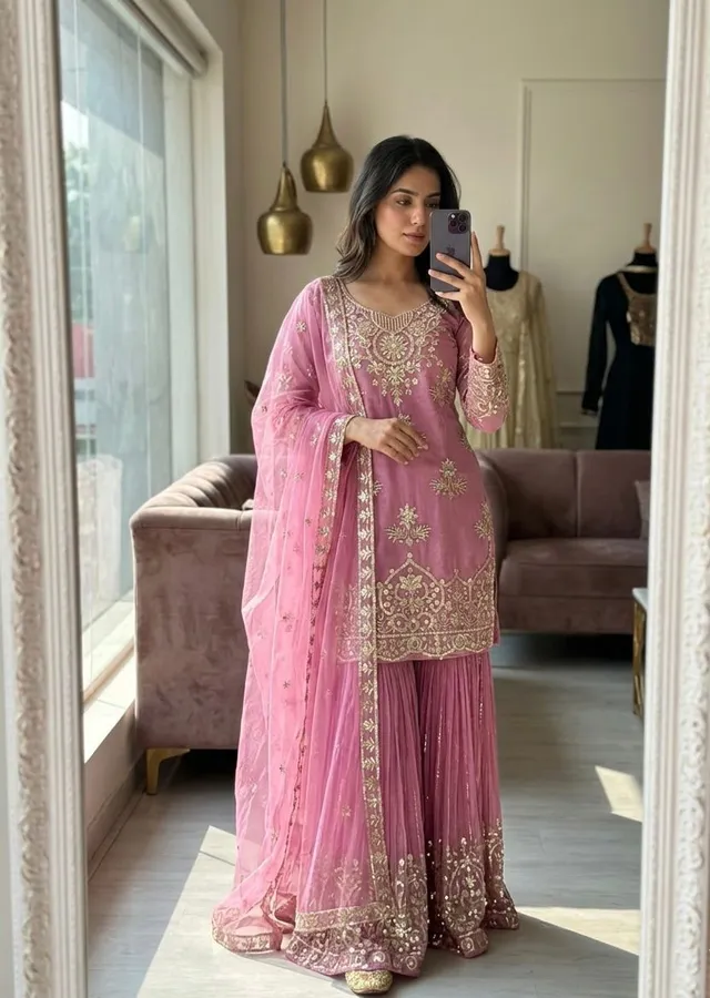 Designer Organza Twine Net Sharara Suit Set with Embroidery & Sequins Work