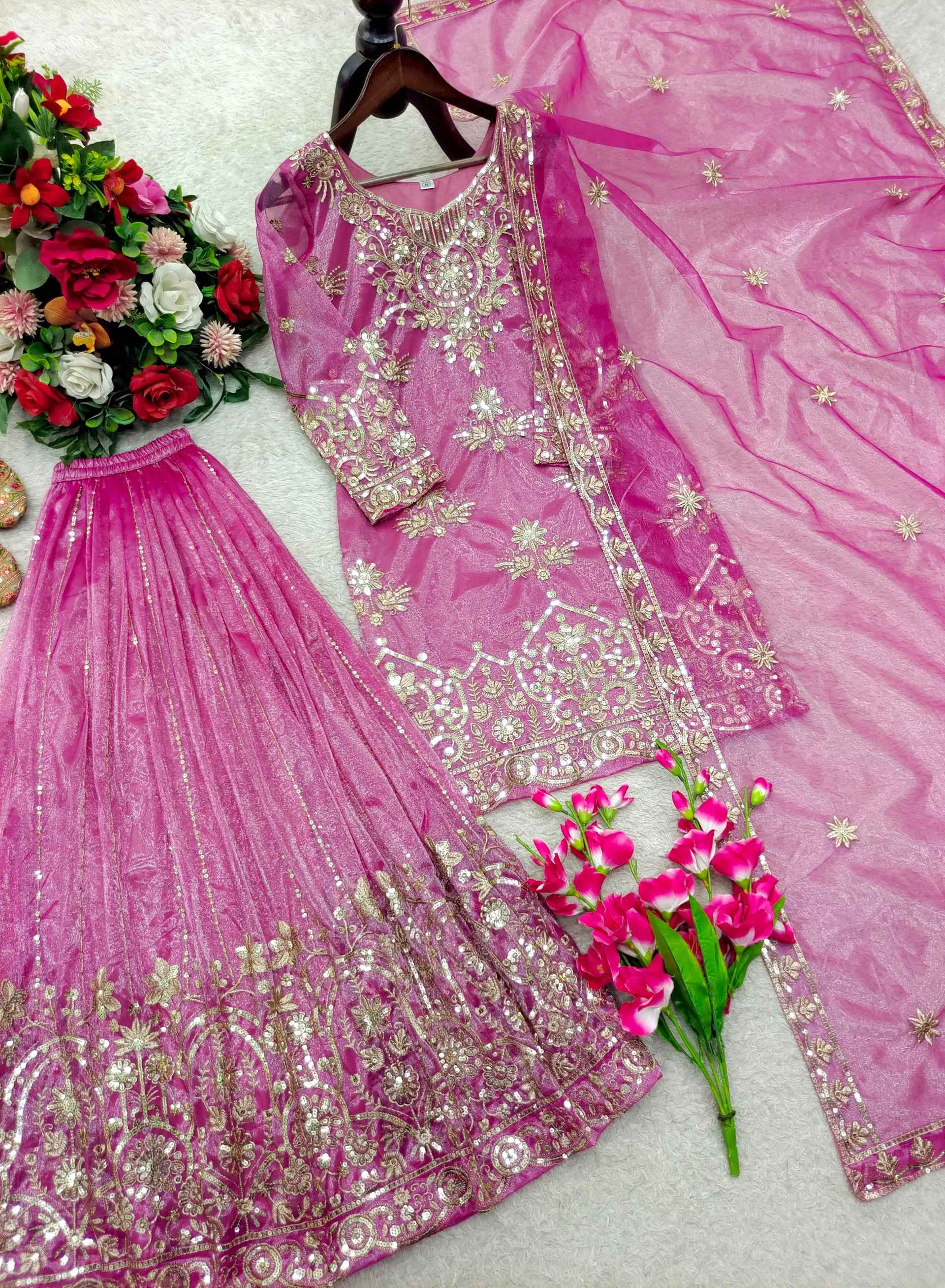 Designer Organza Twine Net Sharara Suit Set with Embroidery & Sequins Work - View 2