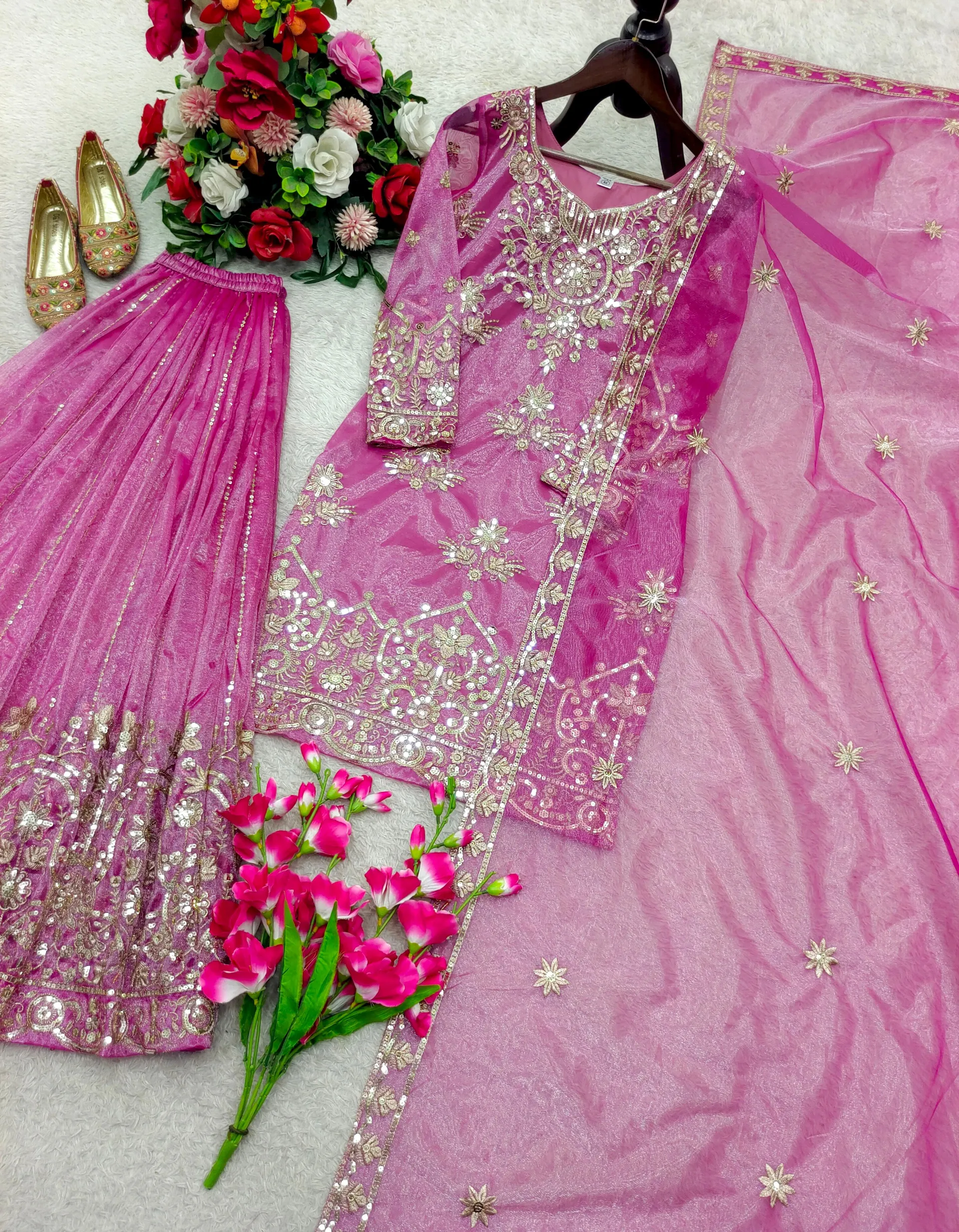 Designer Organza Twine Net Sharara Suit Set with Embroidery & Sequins Work - View 3
