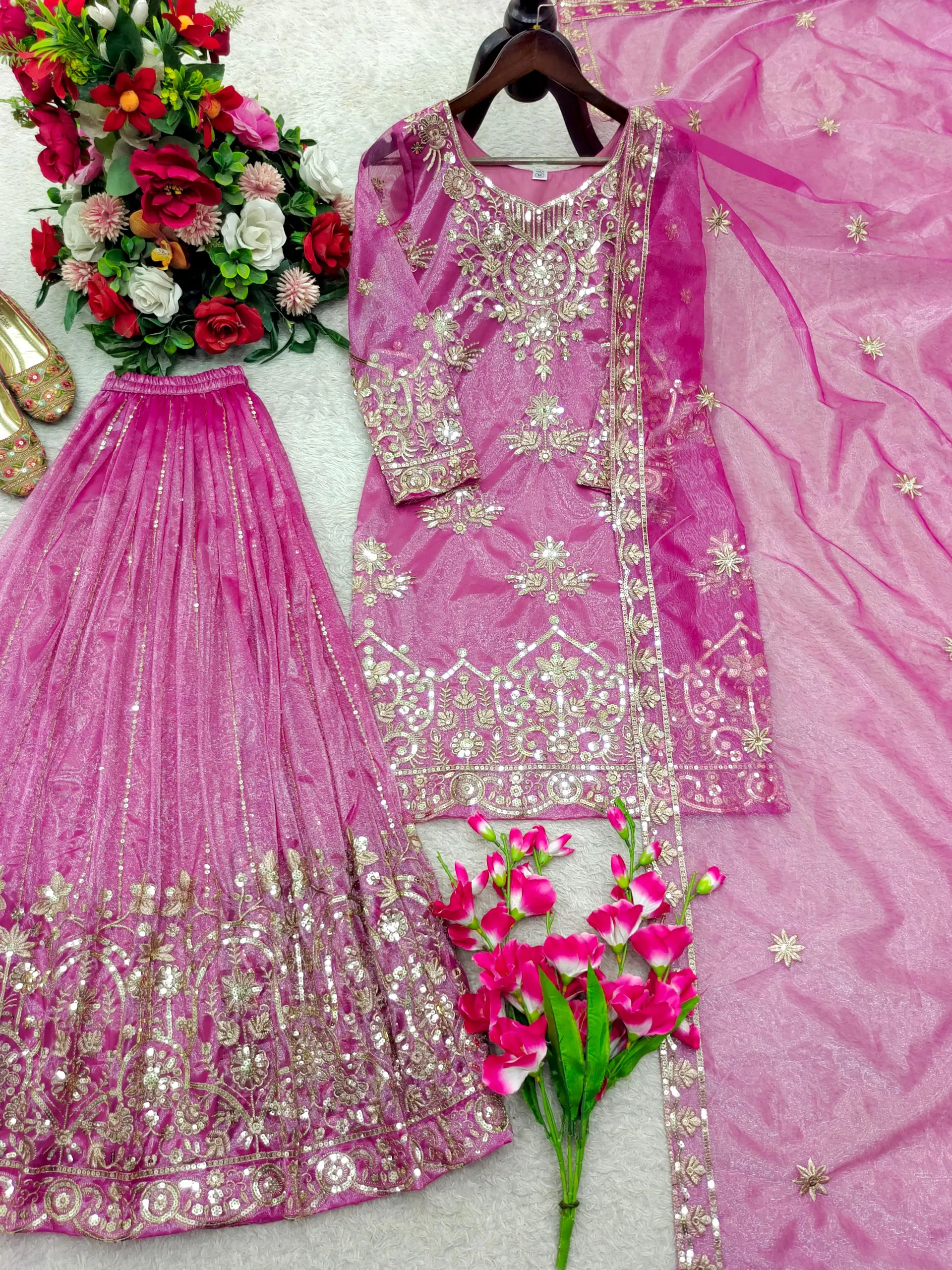 Designer Organza Twine Net Sharara Suit Set with Embroidery & Sequins Work - View 4
