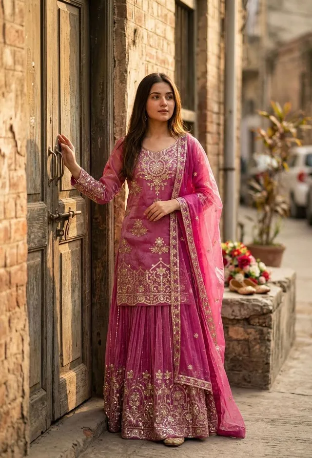 Designer Organza Twine Net Sharara Suit Set with Embroidery & Sequins Work - View 5