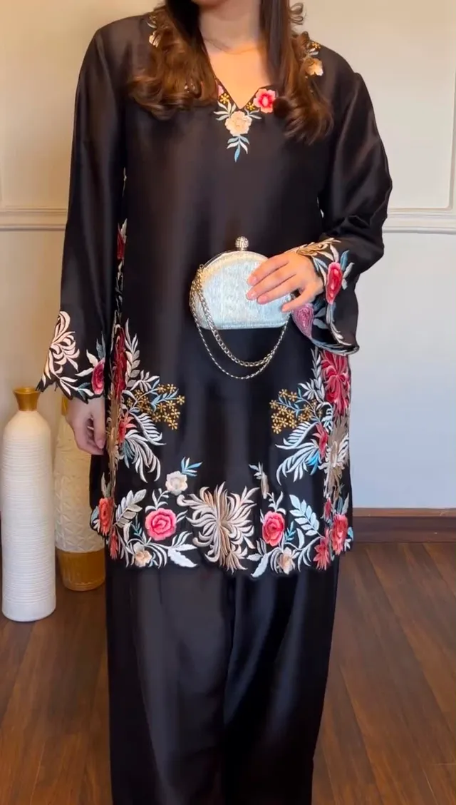 Premium Rayon Satin Suit Set with Thread Work & Palazzo - View 2