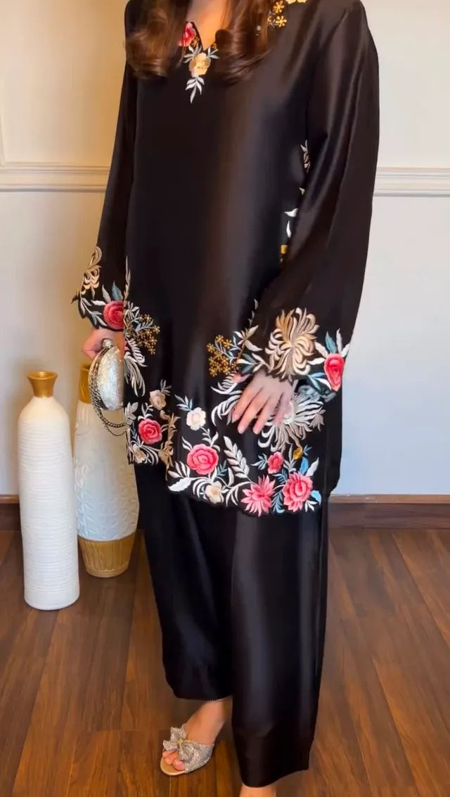Premium Rayon Satin Suit Set with Thread Work & Palazzo - View 3