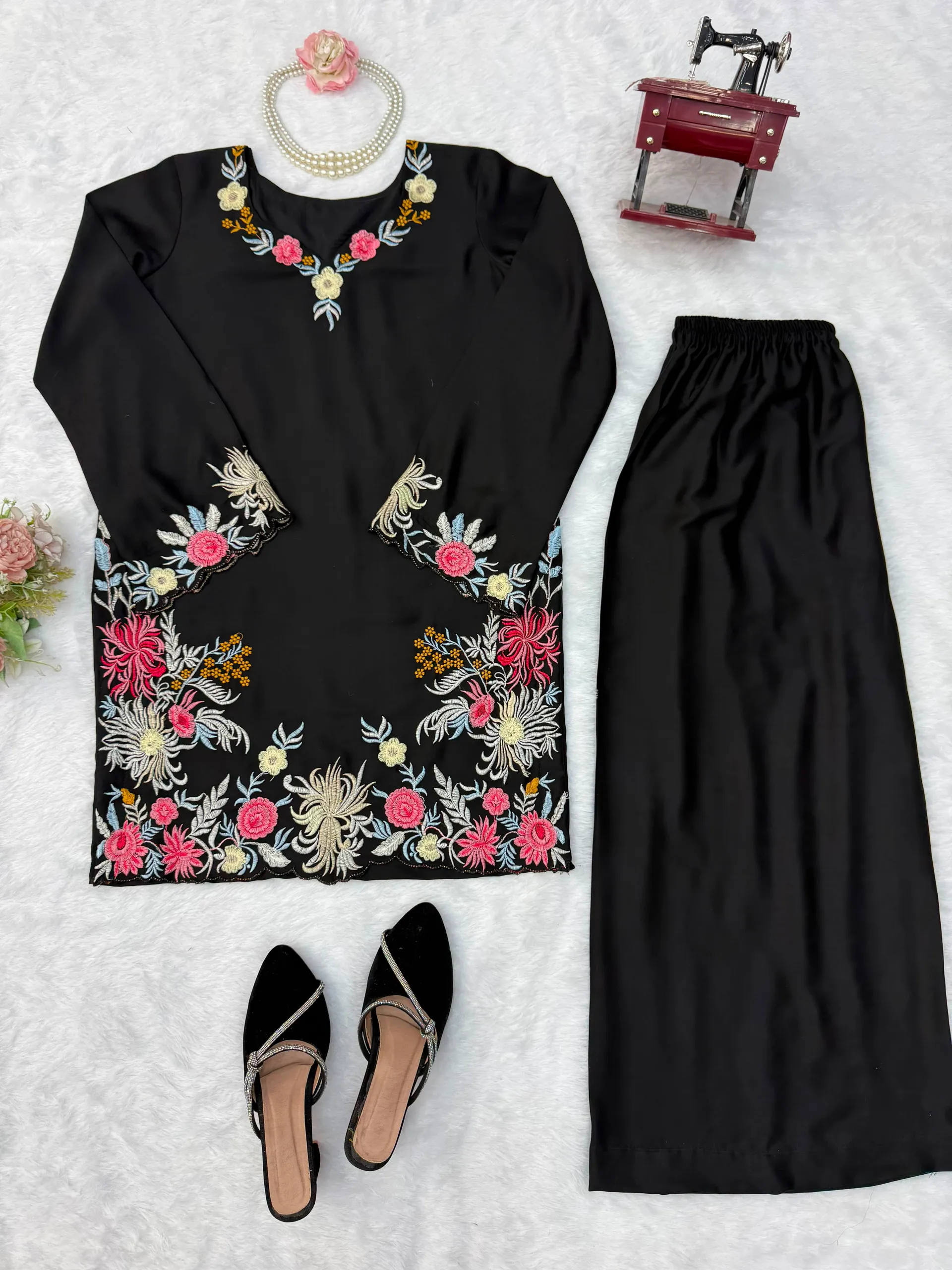 Premium Rayon Satin Suit Set with Thread Work & Palazzo - View 4