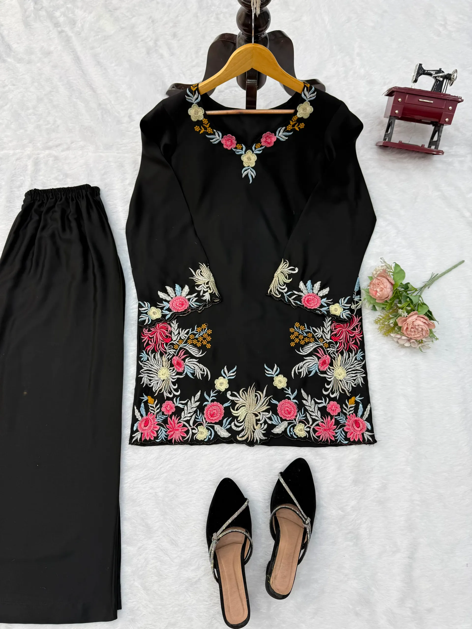 Premium Rayon Satin Suit Set with Thread Work & Palazzo - View 5
