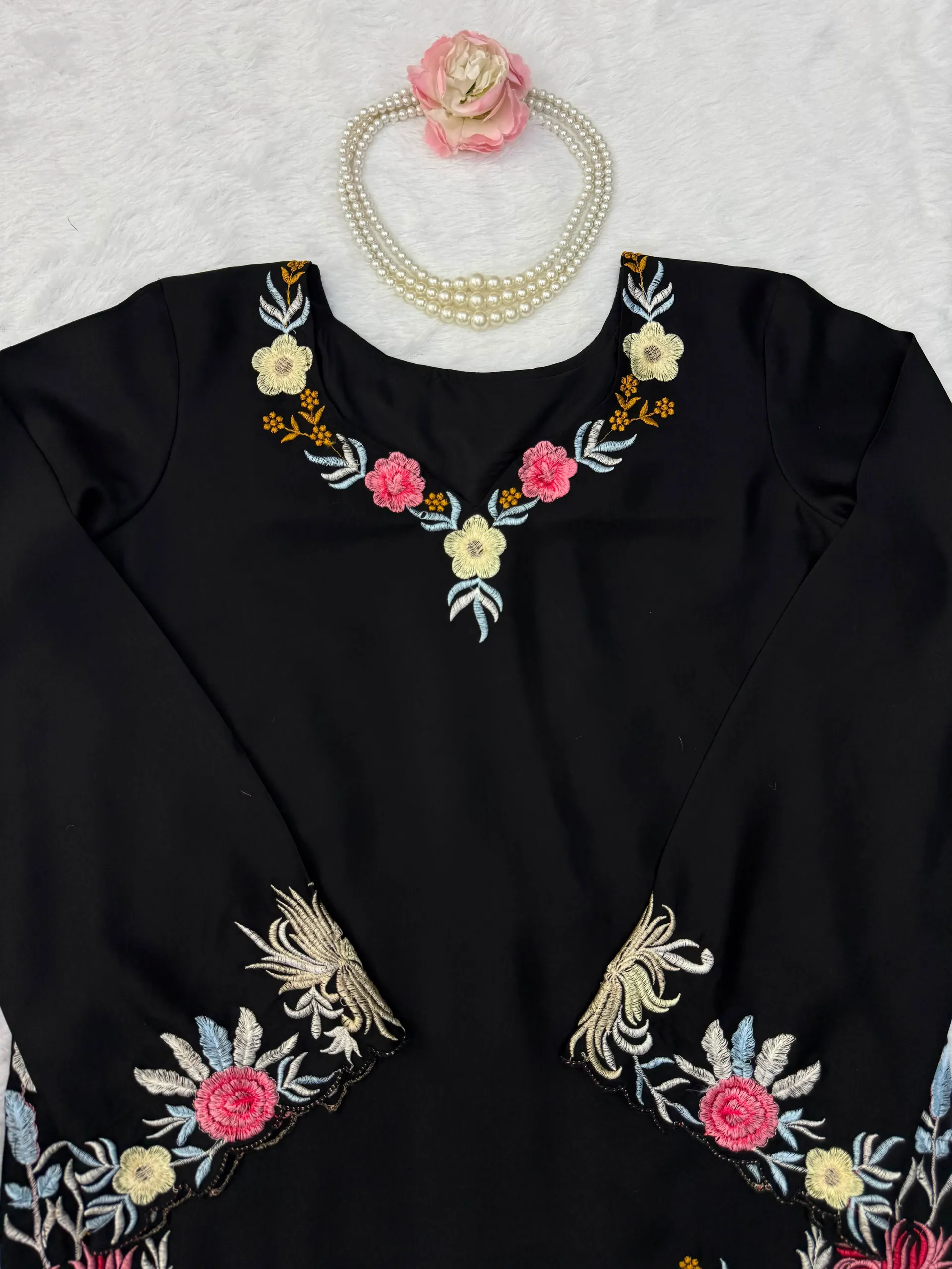 Premium Rayon Satin Suit Set with Thread Work & Palazzo - View 6