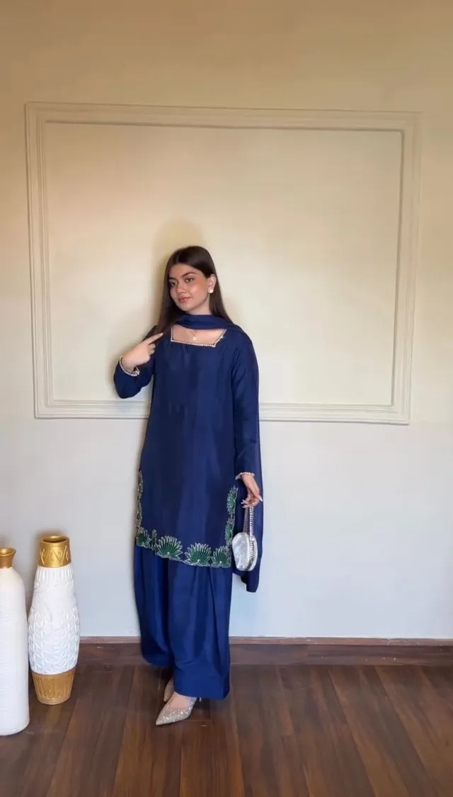 Premium American Silk Suit Set with Heavy Thread & Sequins Work | Farshi Palazzo & Dupatta