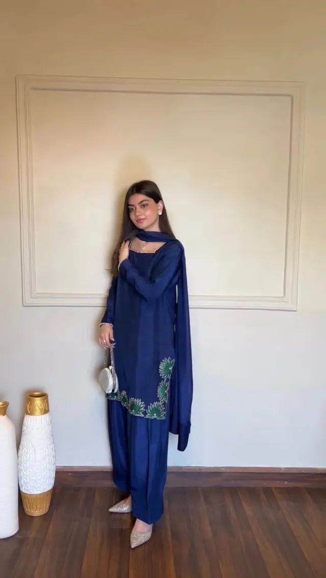 Premium American Silk Suit Set with Heavy Thread & Sequins Work | Farshi Palazzo & Dupatta - View 2