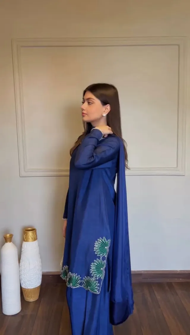 Premium American Silk Suit Set with Heavy Thread & Sequins Work | Farshi Palazzo & Dupatta - View 3