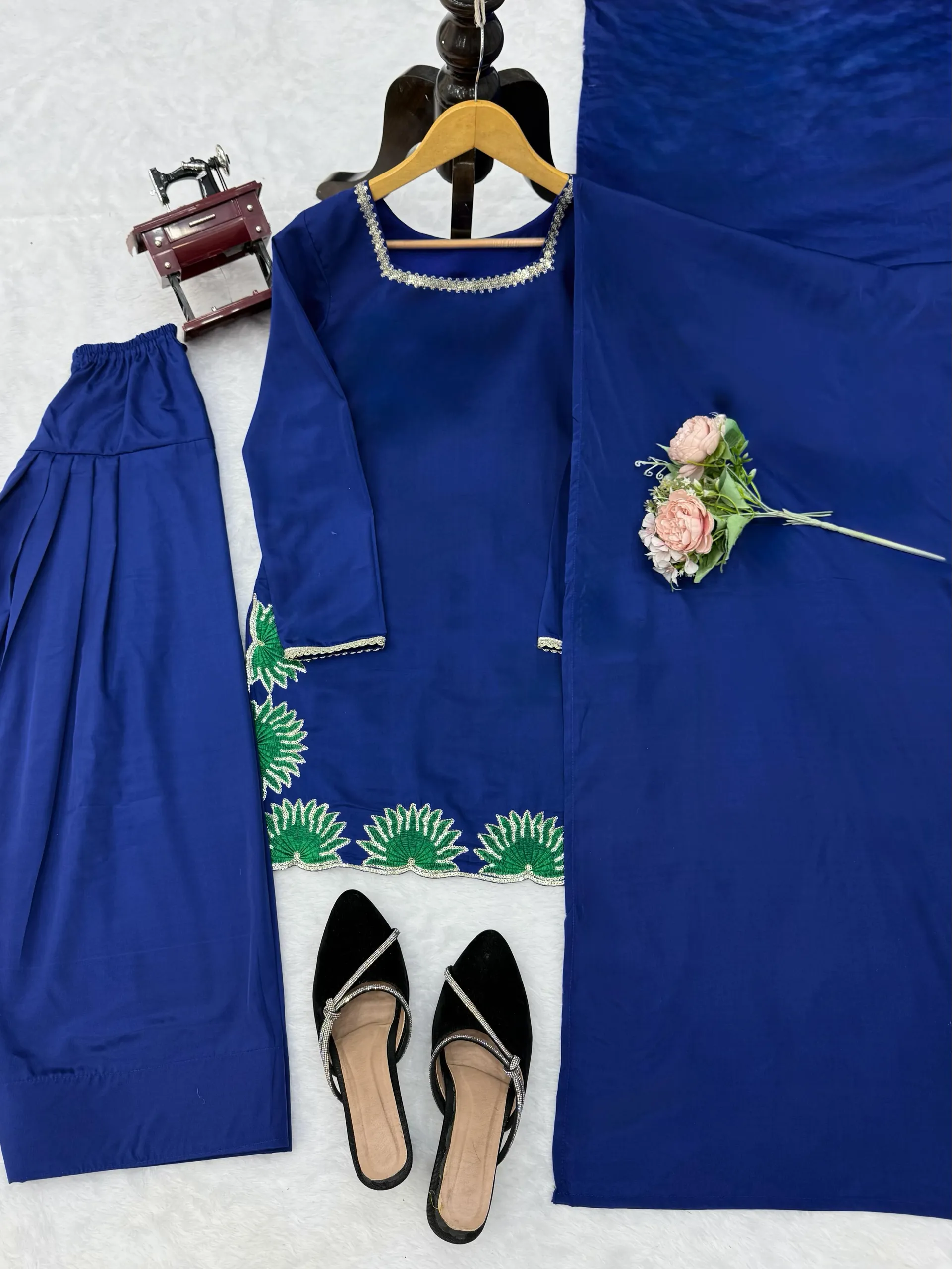 Premium American Silk Suit Set with Heavy Thread & Sequins Work | Farshi Palazzo & Dupatta - View 6