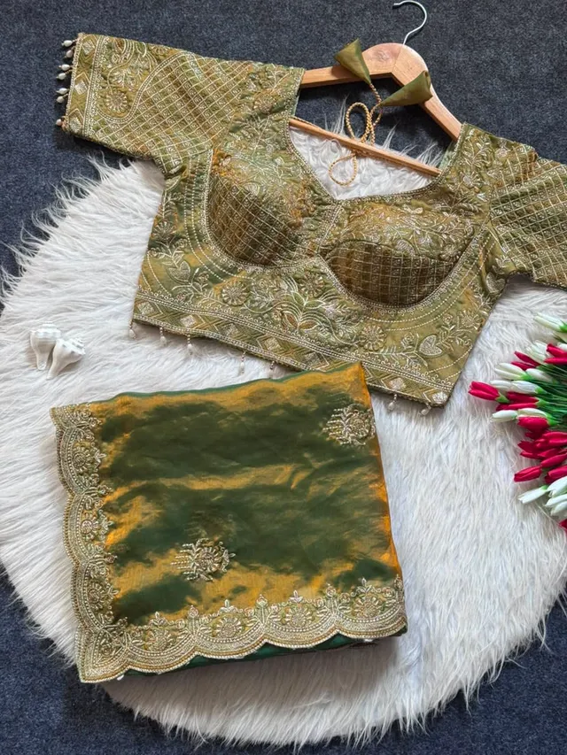 Sabyasachi-Inspired Fandy Satin Saree with Designer Katori Blouse & Meena Work - View 4