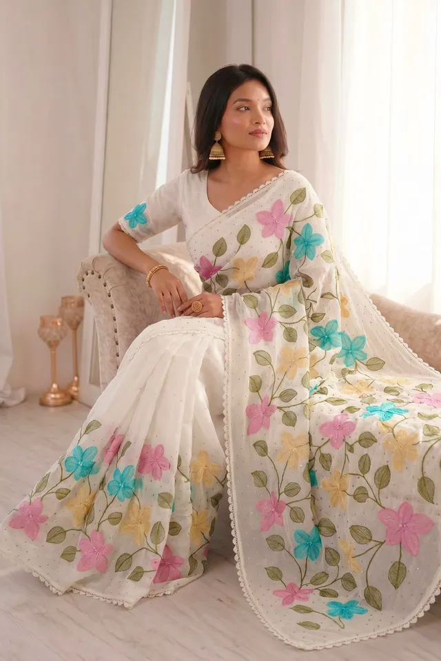 Florious Designer Viscose Crunchy Silk Saree with Floral Embroidery & Swarovski Diamond Work - View 2