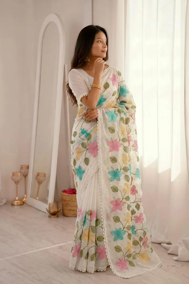 Florious Designer Viscose Crunchy Silk Saree with Floral Embroidery & Swarovski Diamond Work - View 3