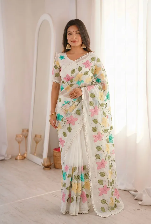 Florious Designer Viscose Crunchy Silk Saree with Floral Embroidery & Swarovski Diamond Work - View 4