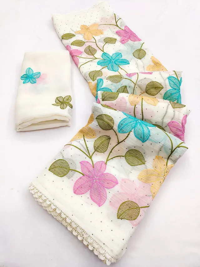 Florious Designer Viscose Crunchy Silk Saree with Floral Embroidery & Swarovski Diamond Work - View 5
