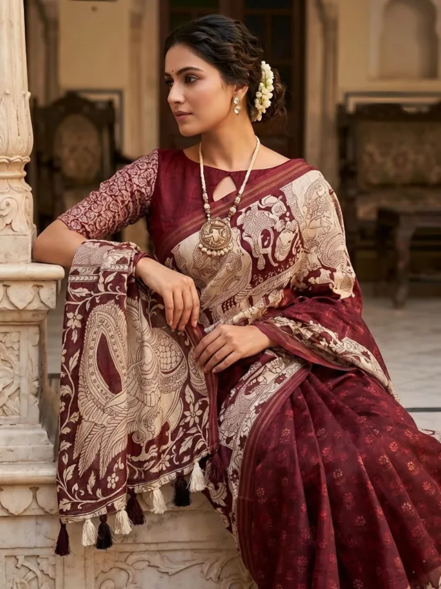 Kota Pen Kalamkari Saree – Soft Kota Checks with Digital Print & Cotton Tassels