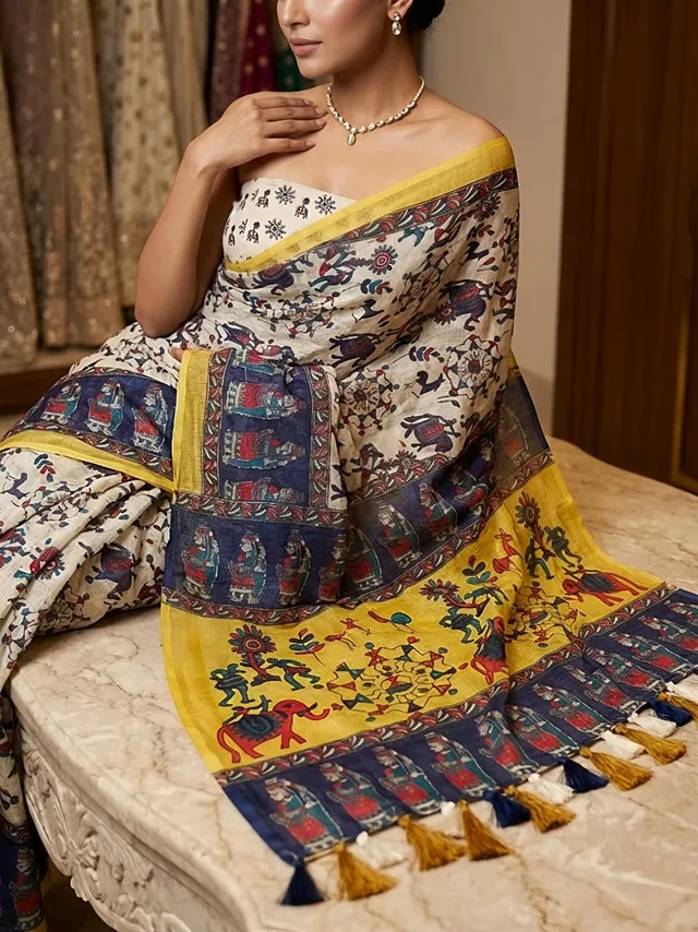 Kota Pen Kalamkari Saree – Soft Kota Checks with Digital Print & Cotton Tassels