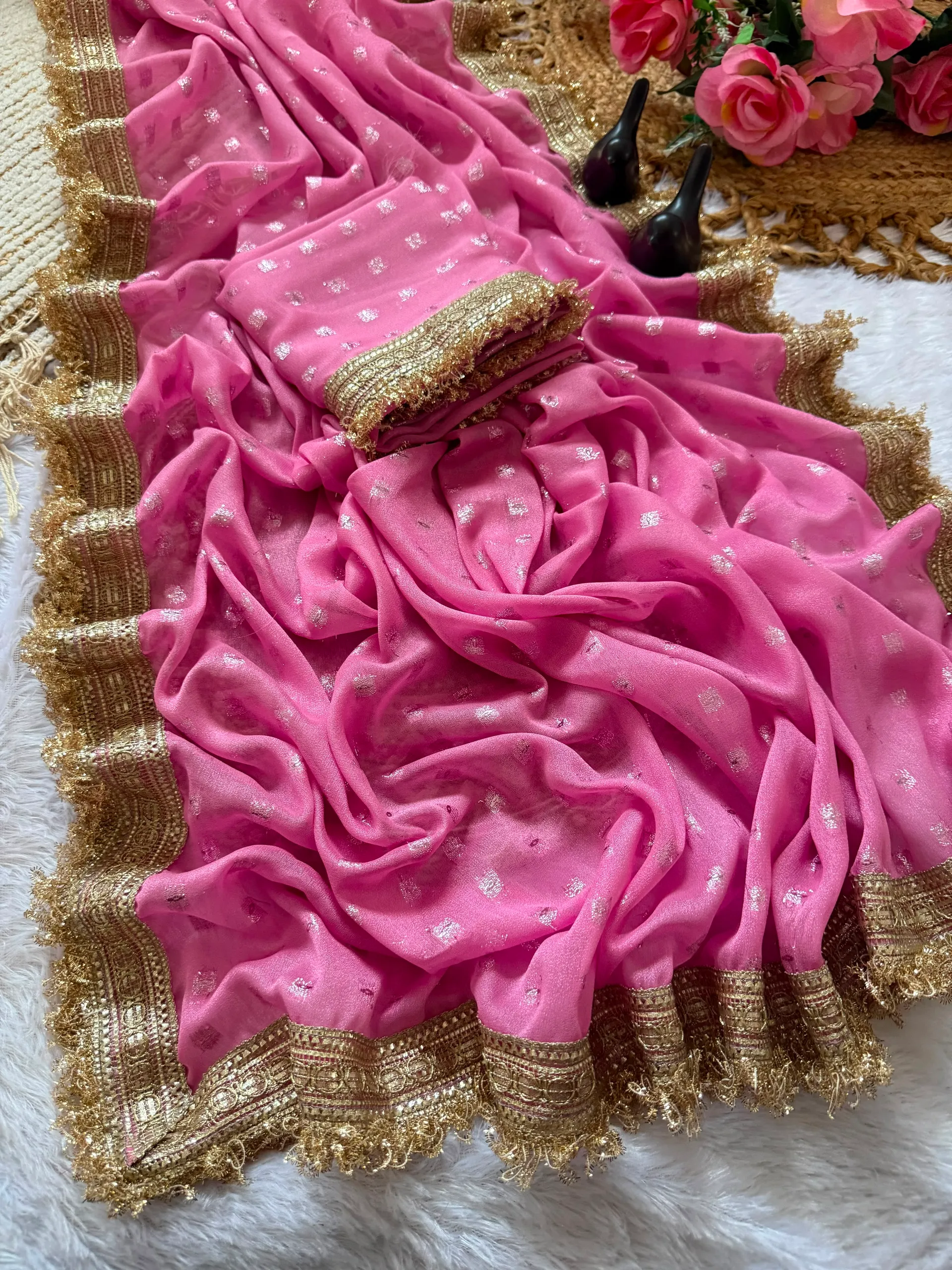 Exclusive Designer Moss Silk Saree with Jacquard Butti & Fancy Lace Border - View 2
