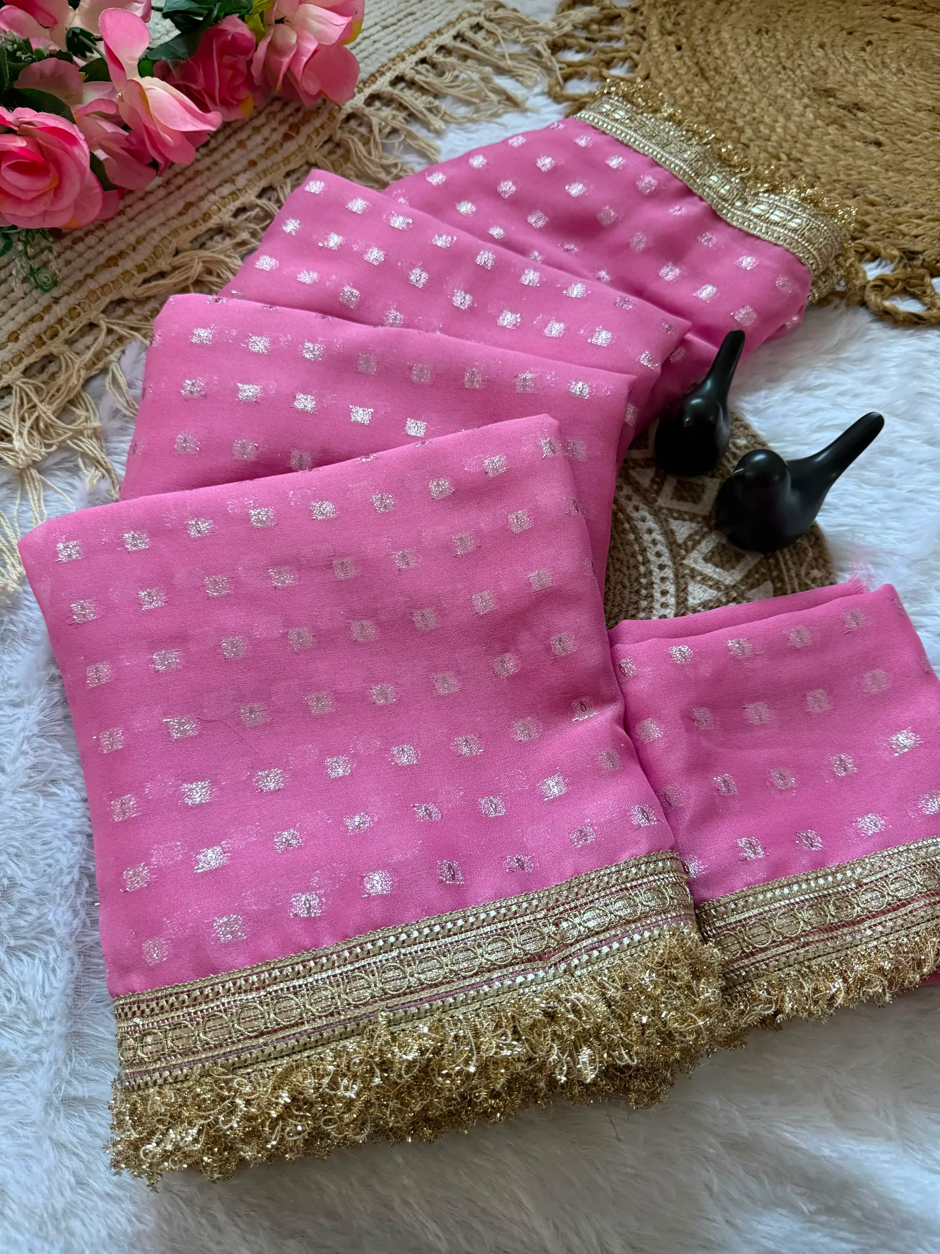 Exclusive Designer Moss Silk Saree with Jacquard Butti & Fancy Lace Border - View 3