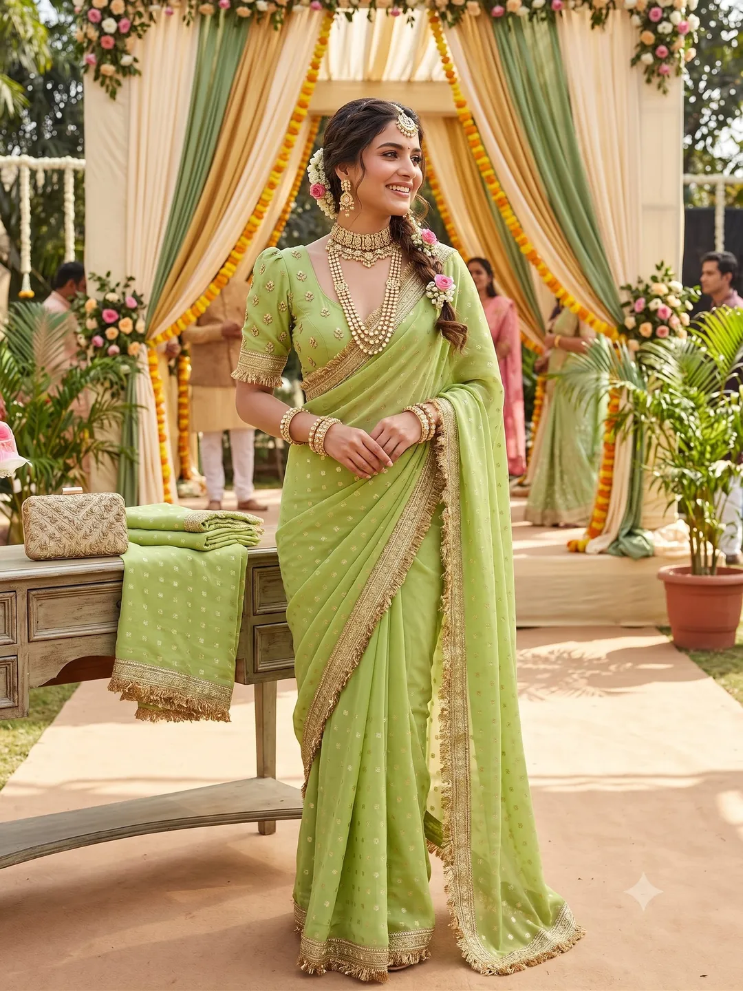 Exclusive Designer Moss Silk Saree with Jacquard Butti & Fancy Lace Border - Premium Moss Silk  Saree Online India - Buy at ₹1099 - Image 1