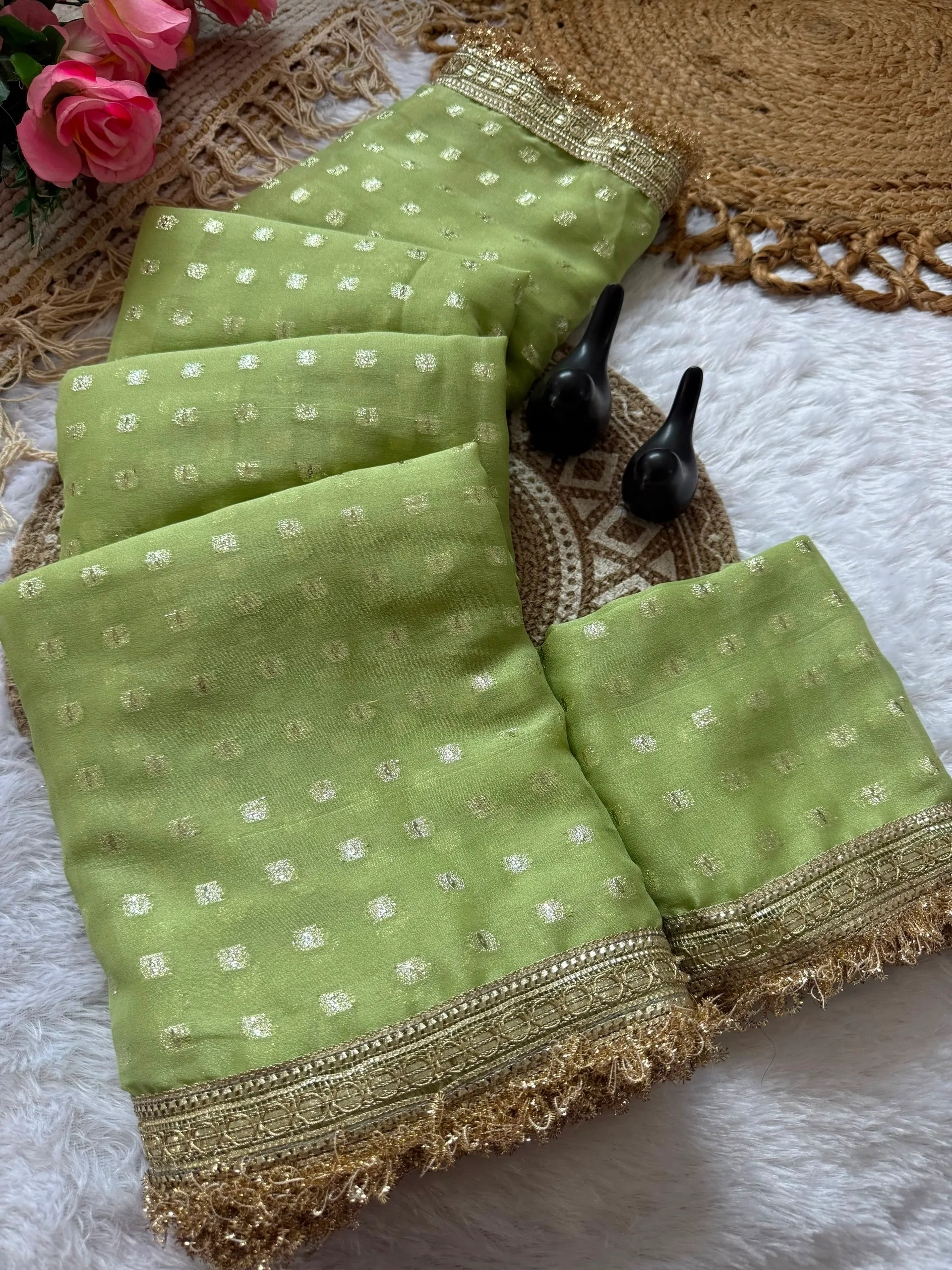 Exclusive Designer Moss Silk Saree with Jacquard Butti & Fancy Lace Border - View 2