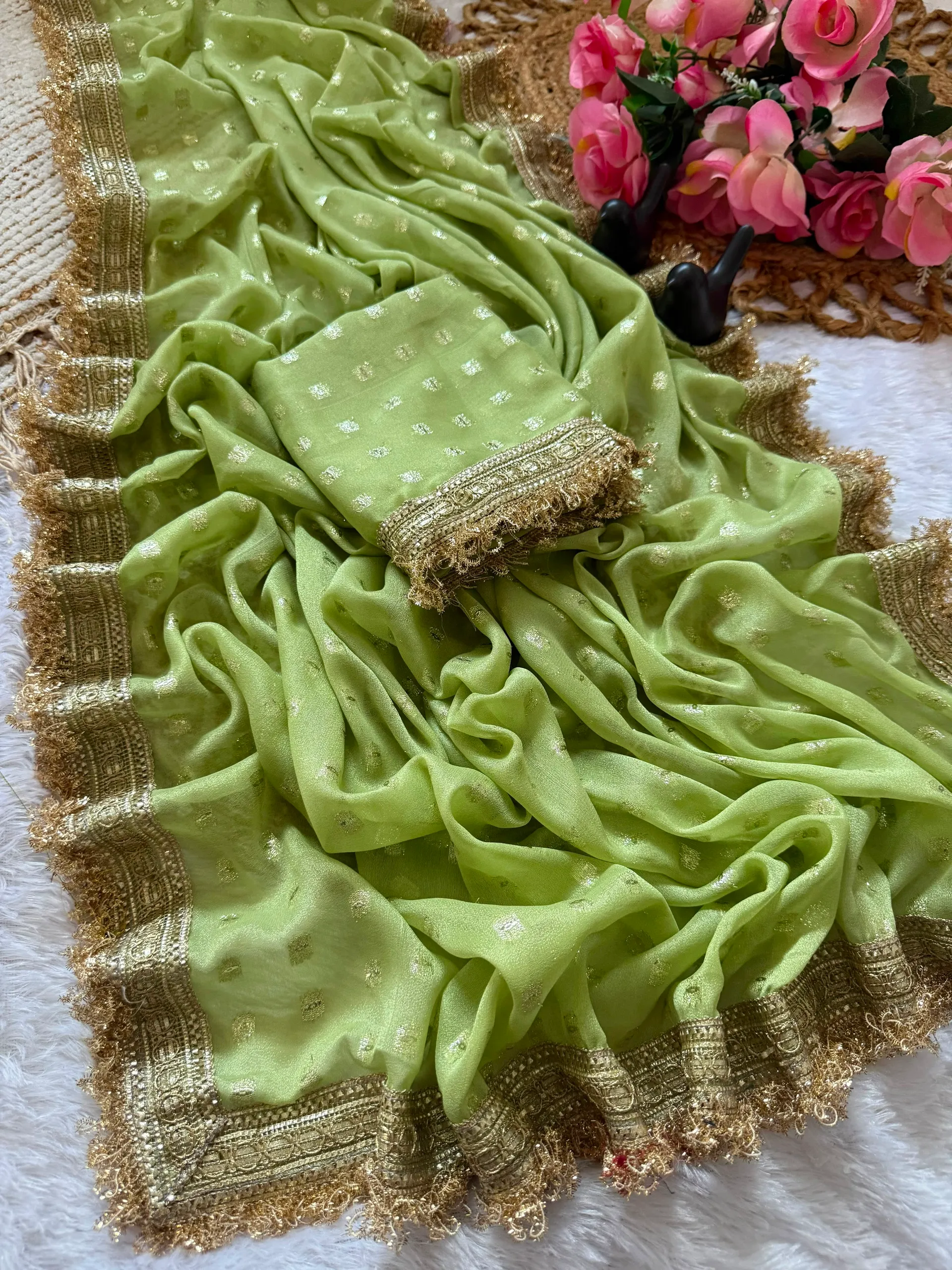 Exclusive Designer Moss Silk Saree with Jacquard Butti & Fancy Lace Border - View 3