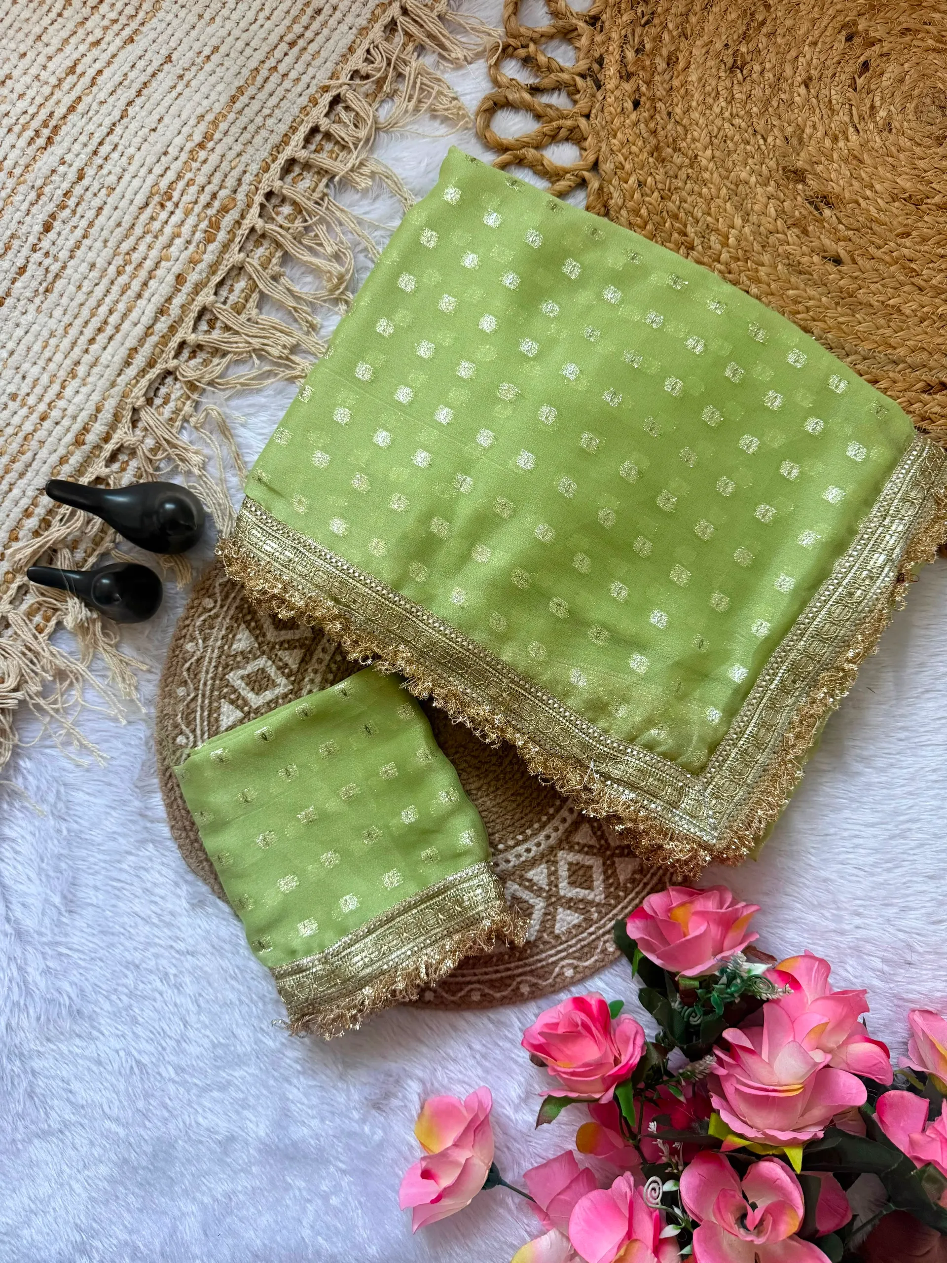Exclusive Designer Moss Silk Saree with Jacquard Butti & Fancy Lace Border - View 4
