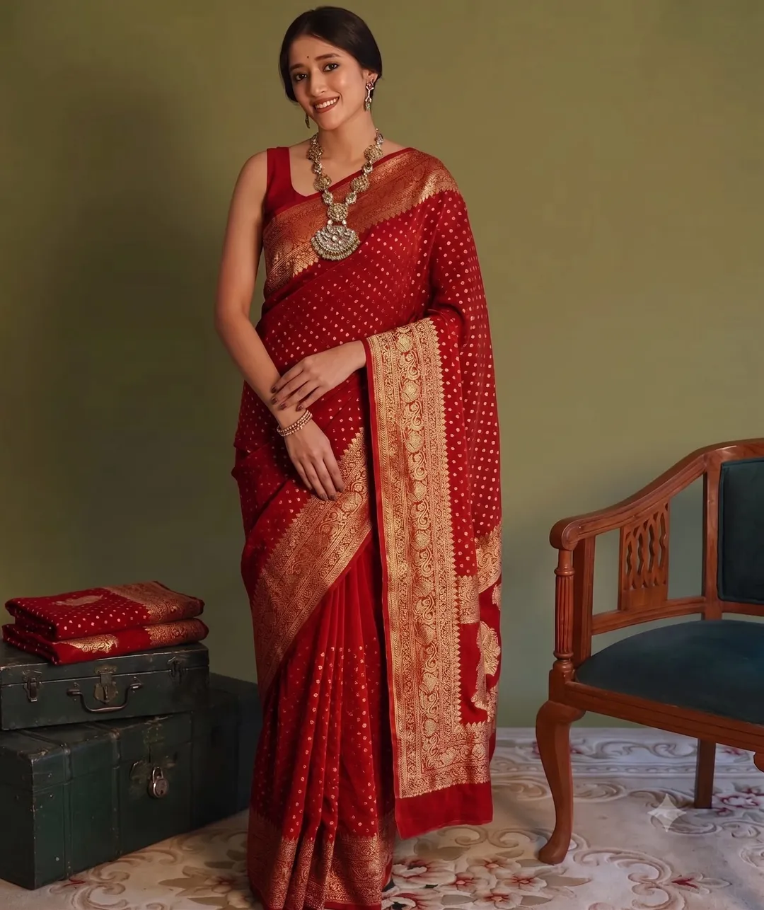 Banarasi Soft Georgette Silk Saree with Zari Buti Weaving & Rich Pallu