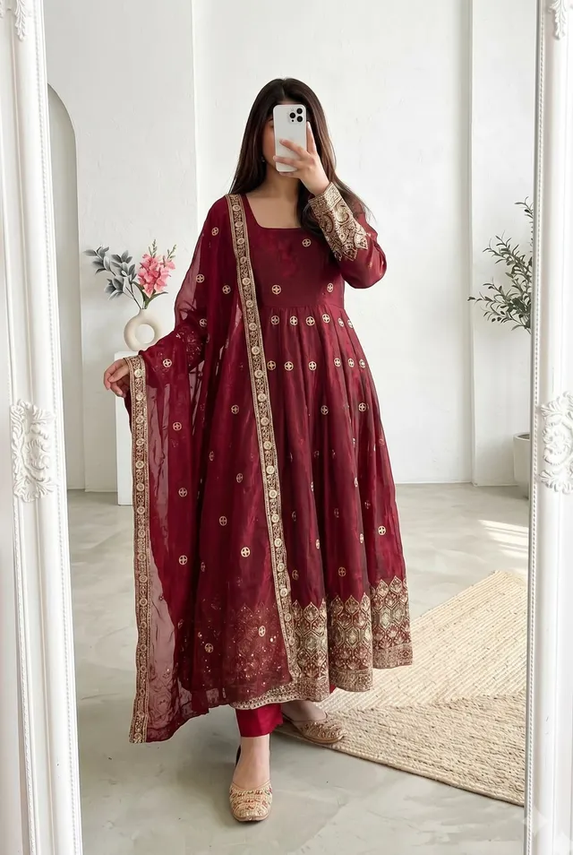 Designer Party Wear Fandy Silk Gown Set with Embroidery & Sequins Work