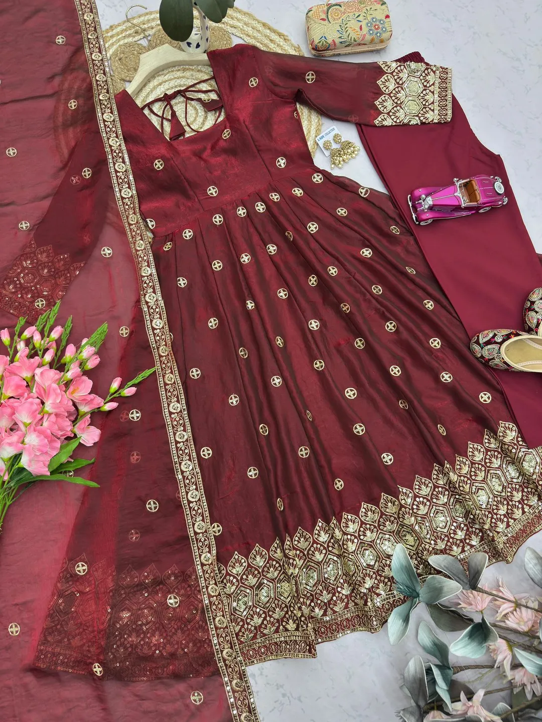 Designer Party Wear Fandy Silk Gown Set with Embroidery & Sequins Work - View 2