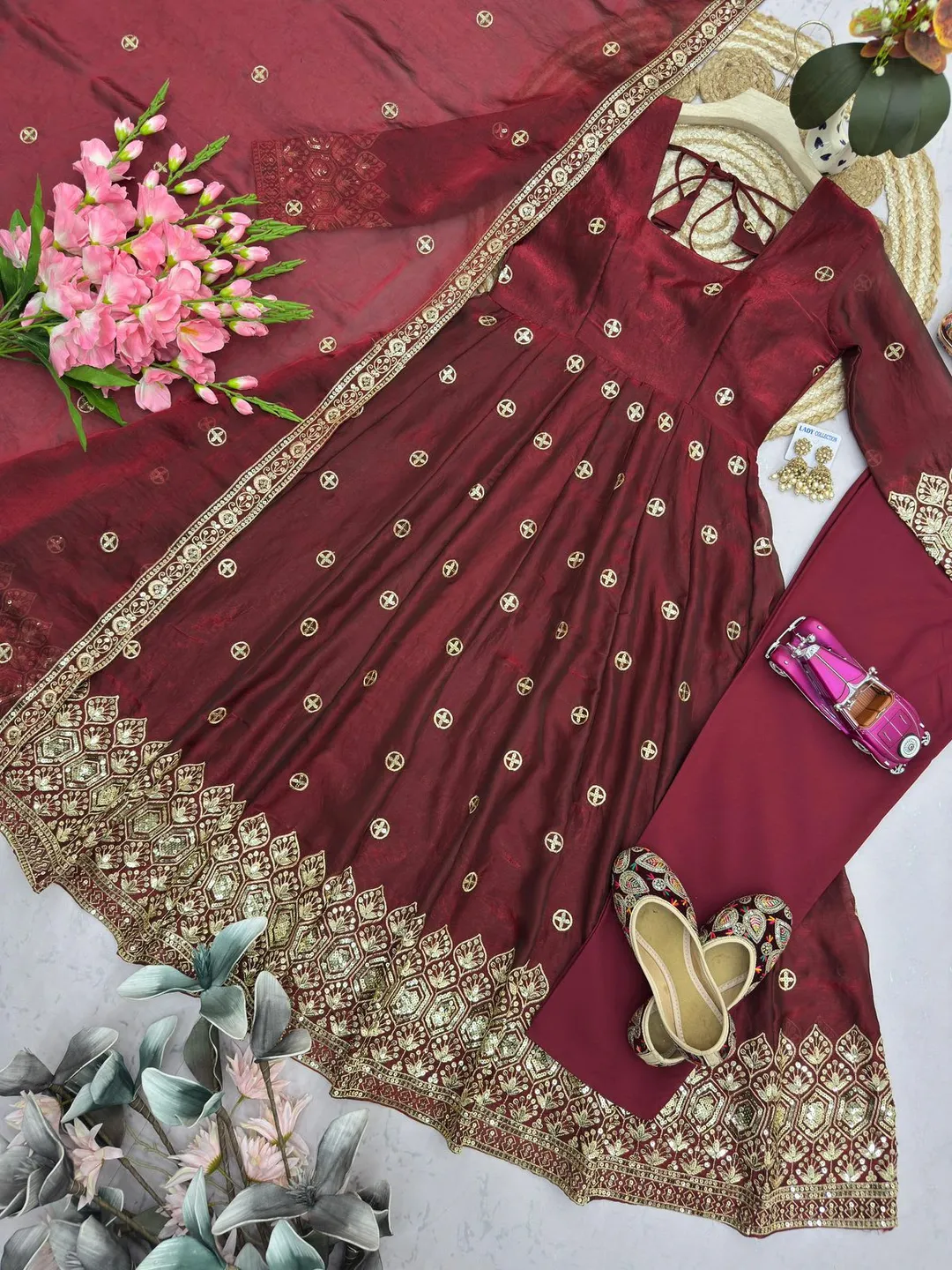 Designer Party Wear Fandy Silk Gown Set with Embroidery & Sequins Work - View 3