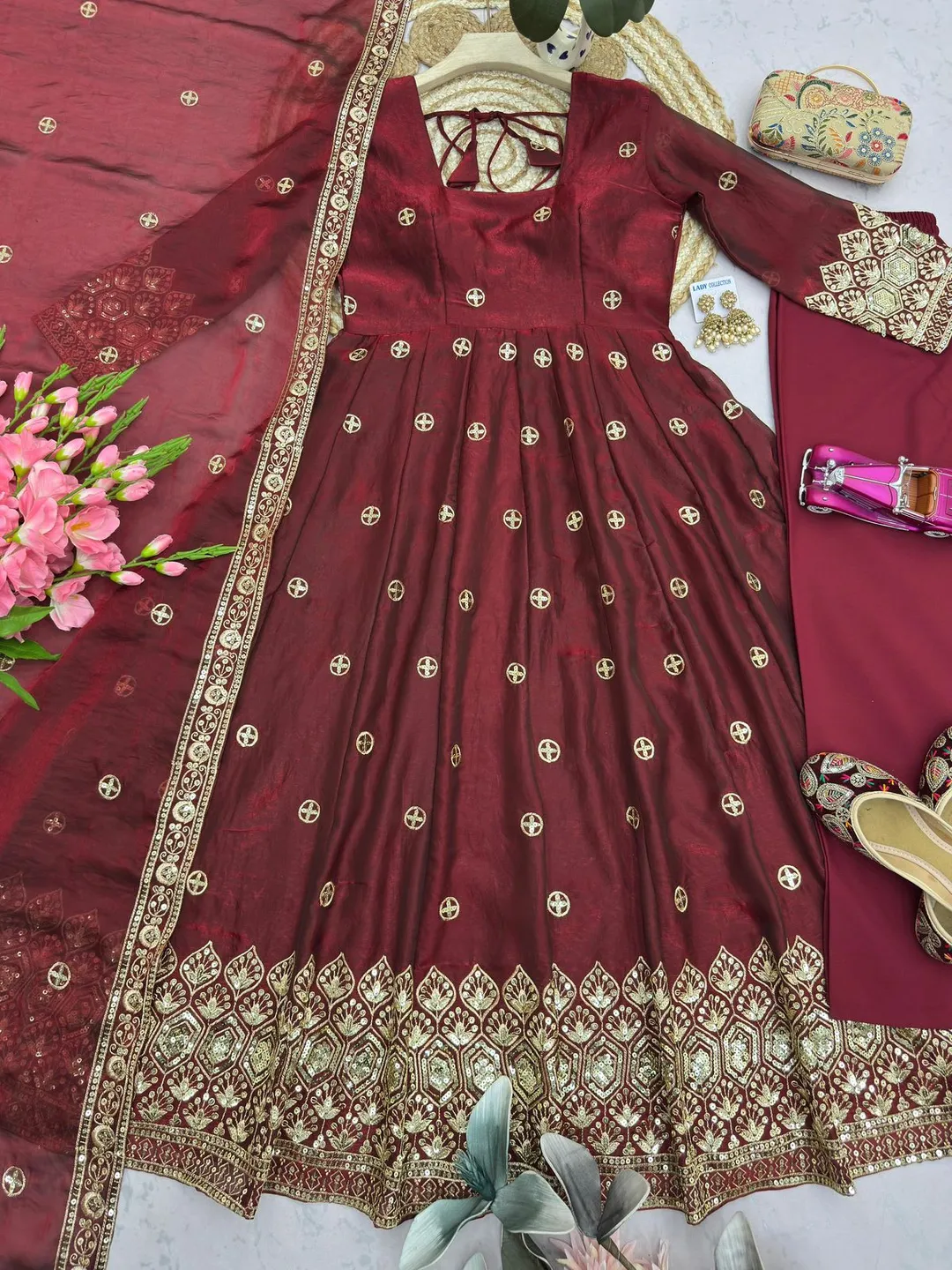 Designer Party Wear Fandy Silk Gown Set with Embroidery & Sequins Work - View 4