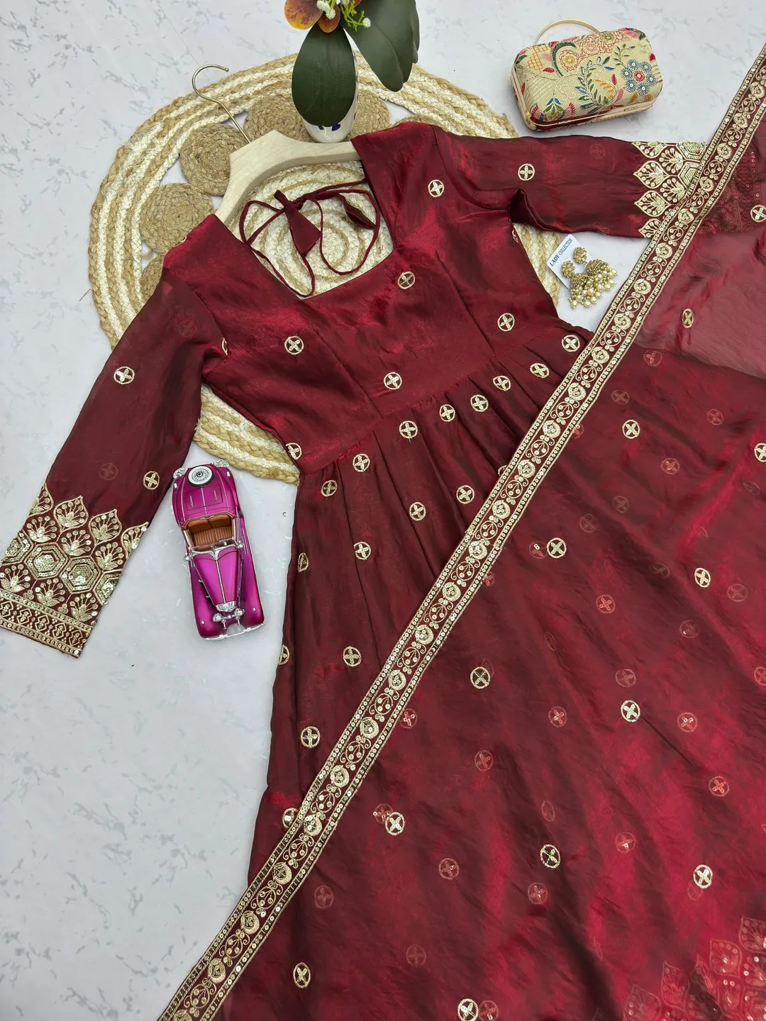 Designer Party Wear Fandy Silk Gown Set with Embroidery & Sequins Work - View 5