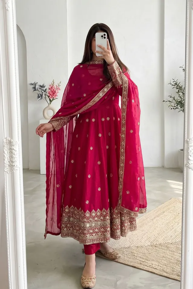 Designer Party Wear Fandy Silk Gown Set with Embroidery & Sequins Work