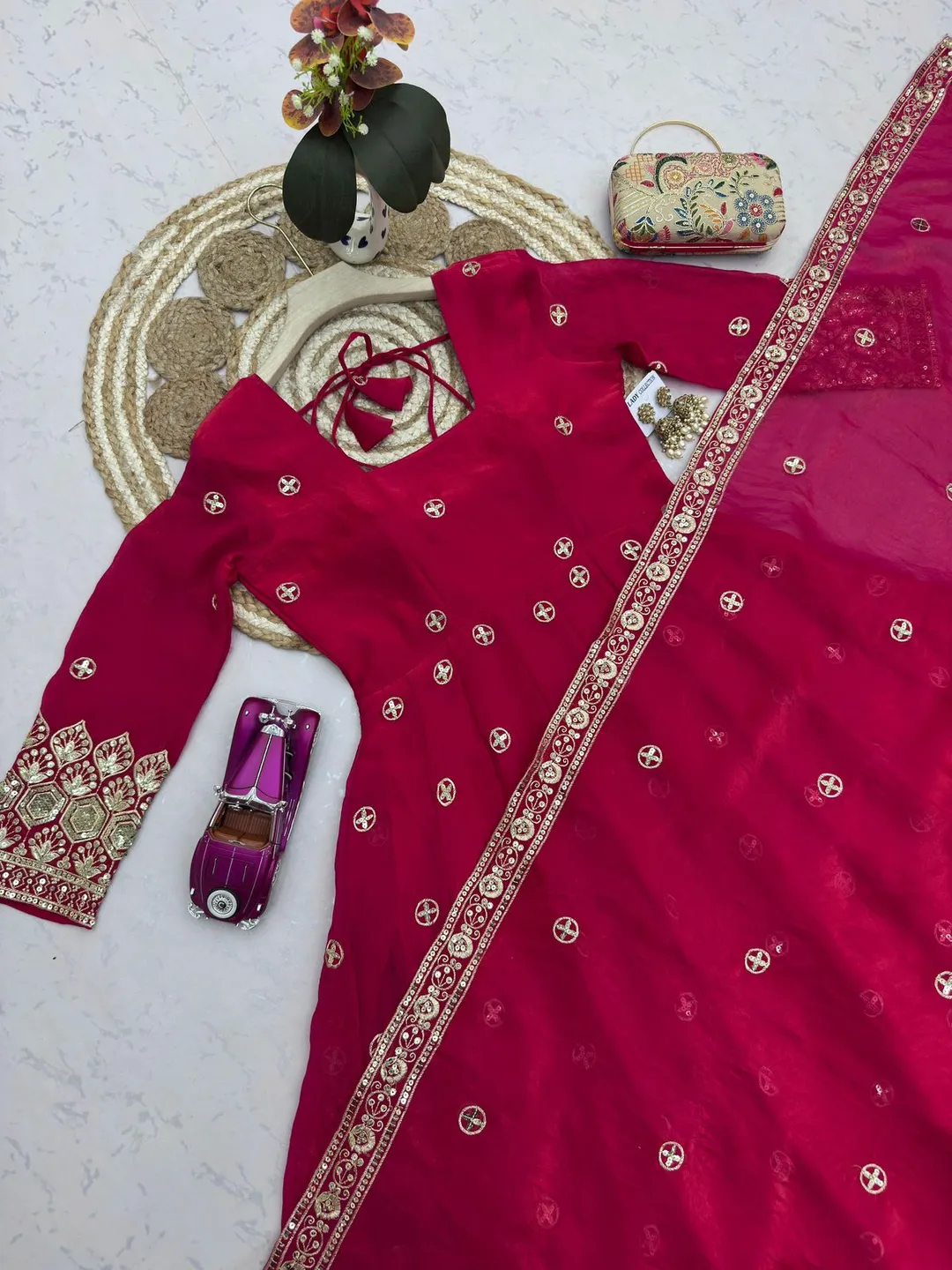 Designer Party Wear Fandy Silk Gown Set with Embroidery & Sequins Work - View 2