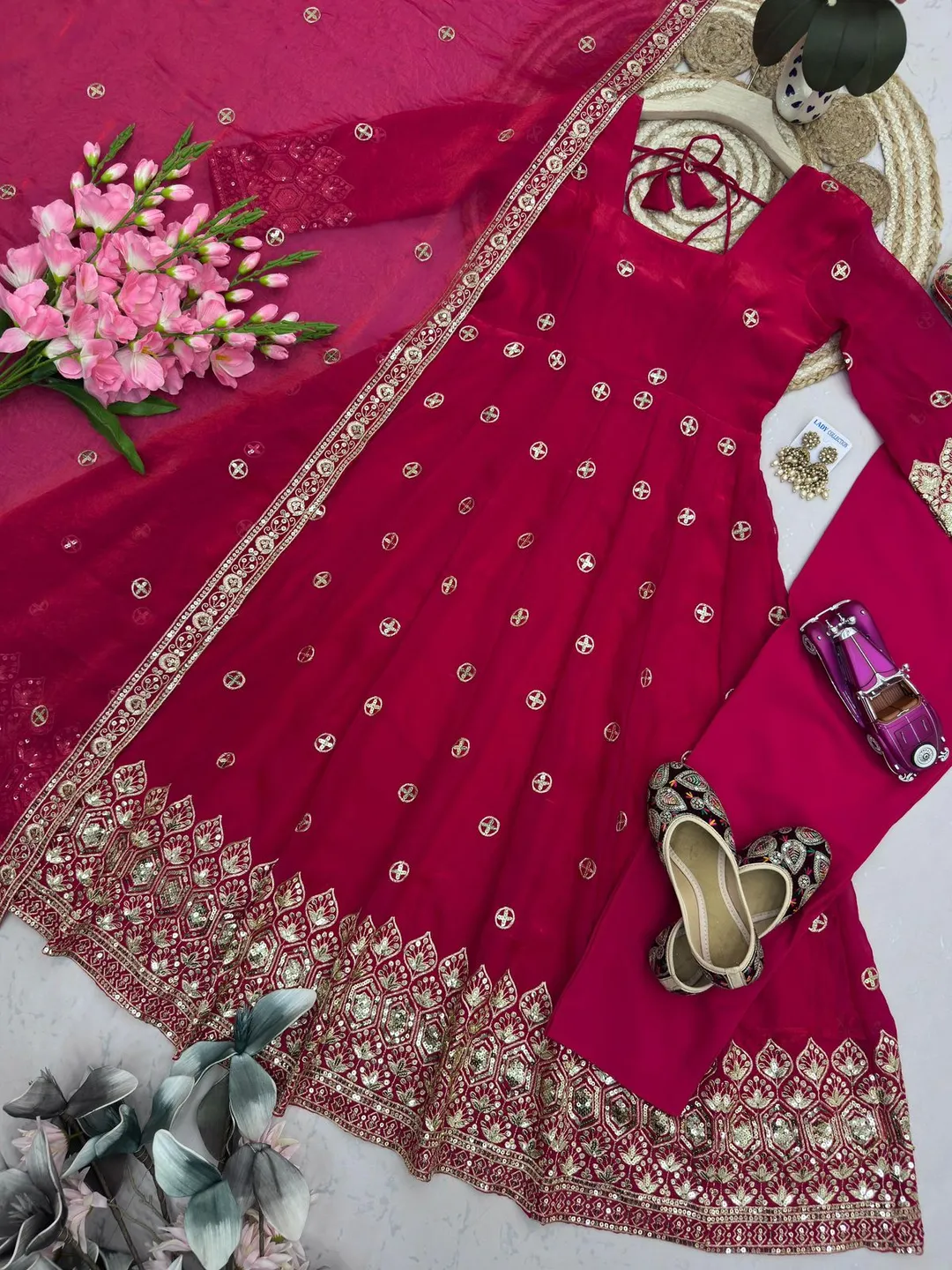 Designer Party Wear Fandy Silk Gown Set with Embroidery & Sequins Work - View 4