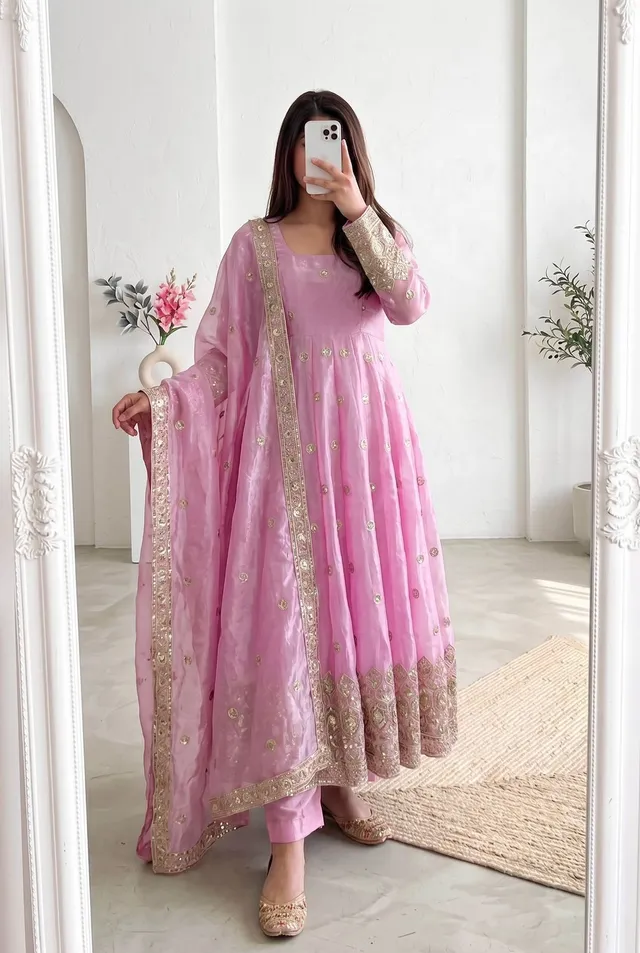 Designer Party Wear Fandy Silk Gown Set with Embroidery & Sequins Work