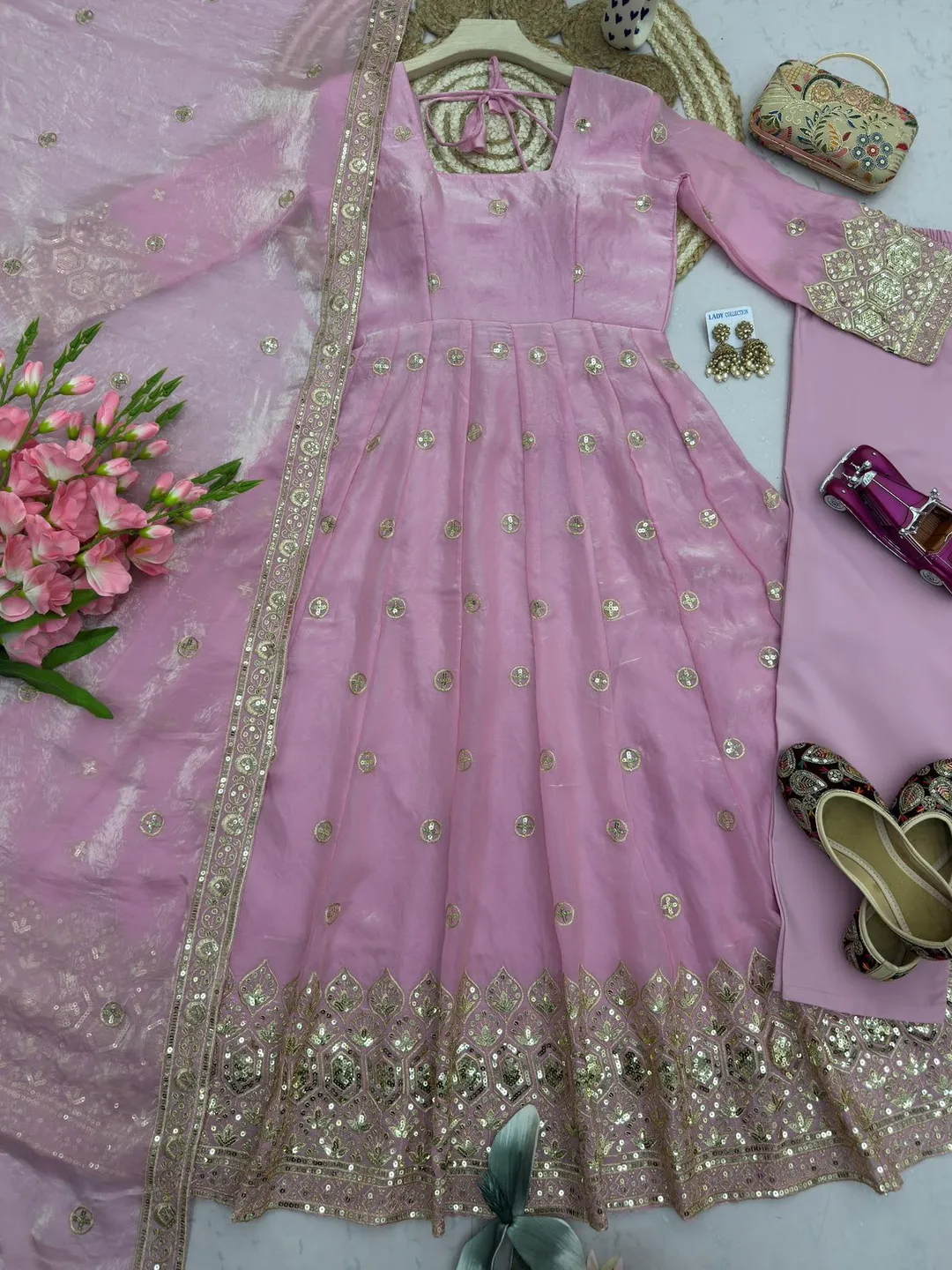 Designer Party Wear Fandy Silk Gown Set with Embroidery & Sequins Work - View 2