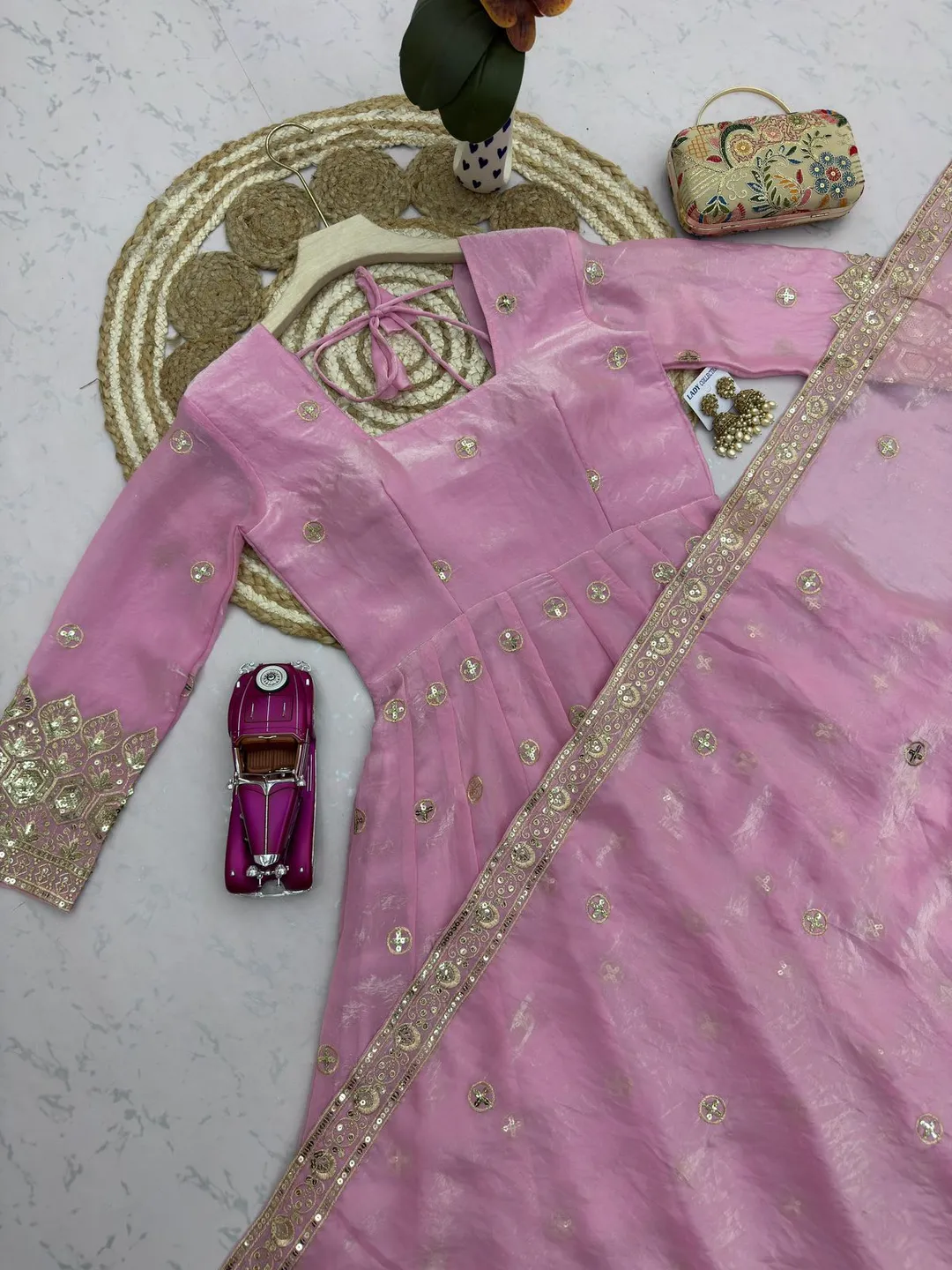 Designer Party Wear Fandy Silk Gown Set with Embroidery & Sequins Work - View 5