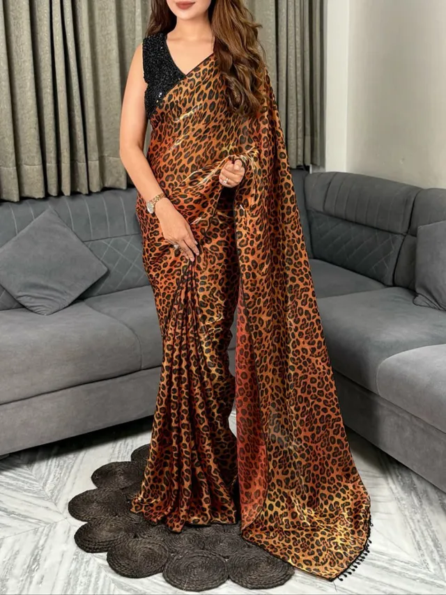 Tiger Claw Designer Two-Tone Fandy Satin Saree with 3D Leopard Print & Heavy Beads Work - View 4