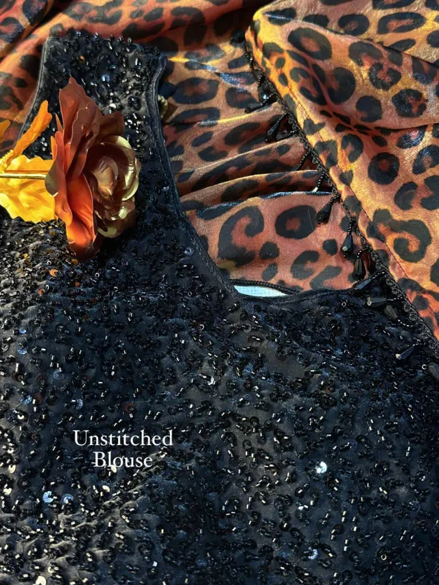 Tiger Claw Designer Two-Tone Fandy Satin Saree with 3D Leopard Print & Heavy Beads Work - View 8