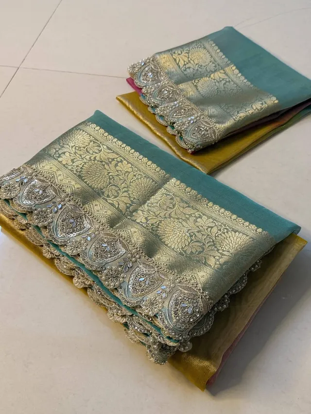 Banarasi Tissue Silk Saree in 3D Shade with Zari Weaving & Heavy Stone Work Lace - View 4