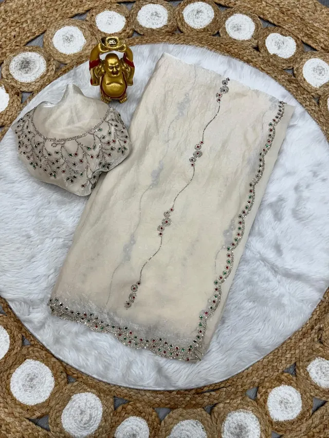 Premium Space Silk Saree with Jarkhan & Stone Work - View 3