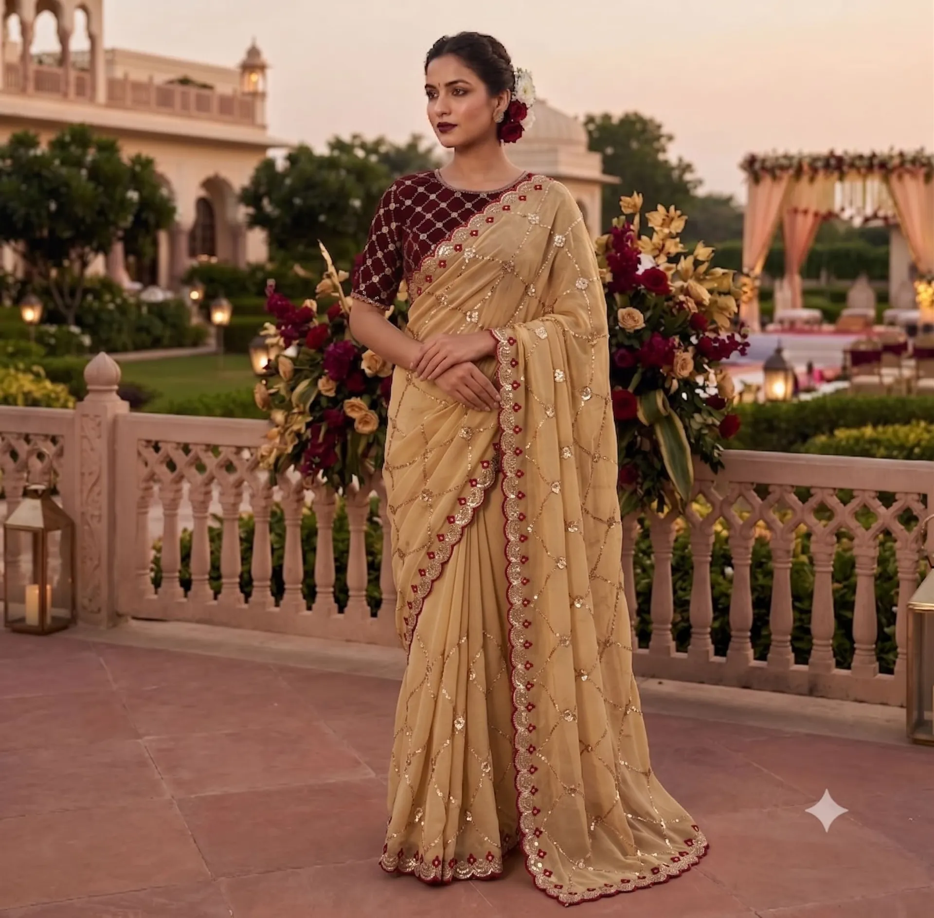 Star Georgette Saree with all-over Multi Sequence Work - Premium Star Georgette Saree Online India - Buy at ₹1250 - Image 1